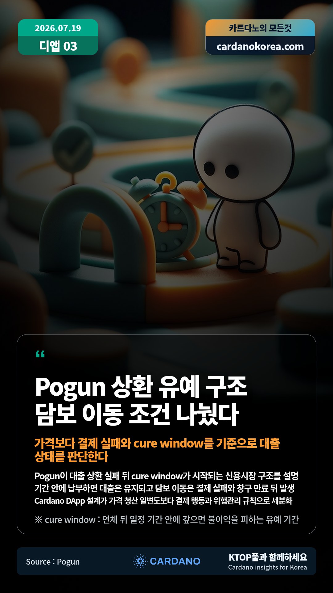 Pogun이 대출 상환 실패 뒤 cure window가 시작되는 신용시장 구조를 설명 — 기간 안에 납부하면 대출은 유지되고 담보 이동은 결제 실패와 창구 만료 뒤 발생