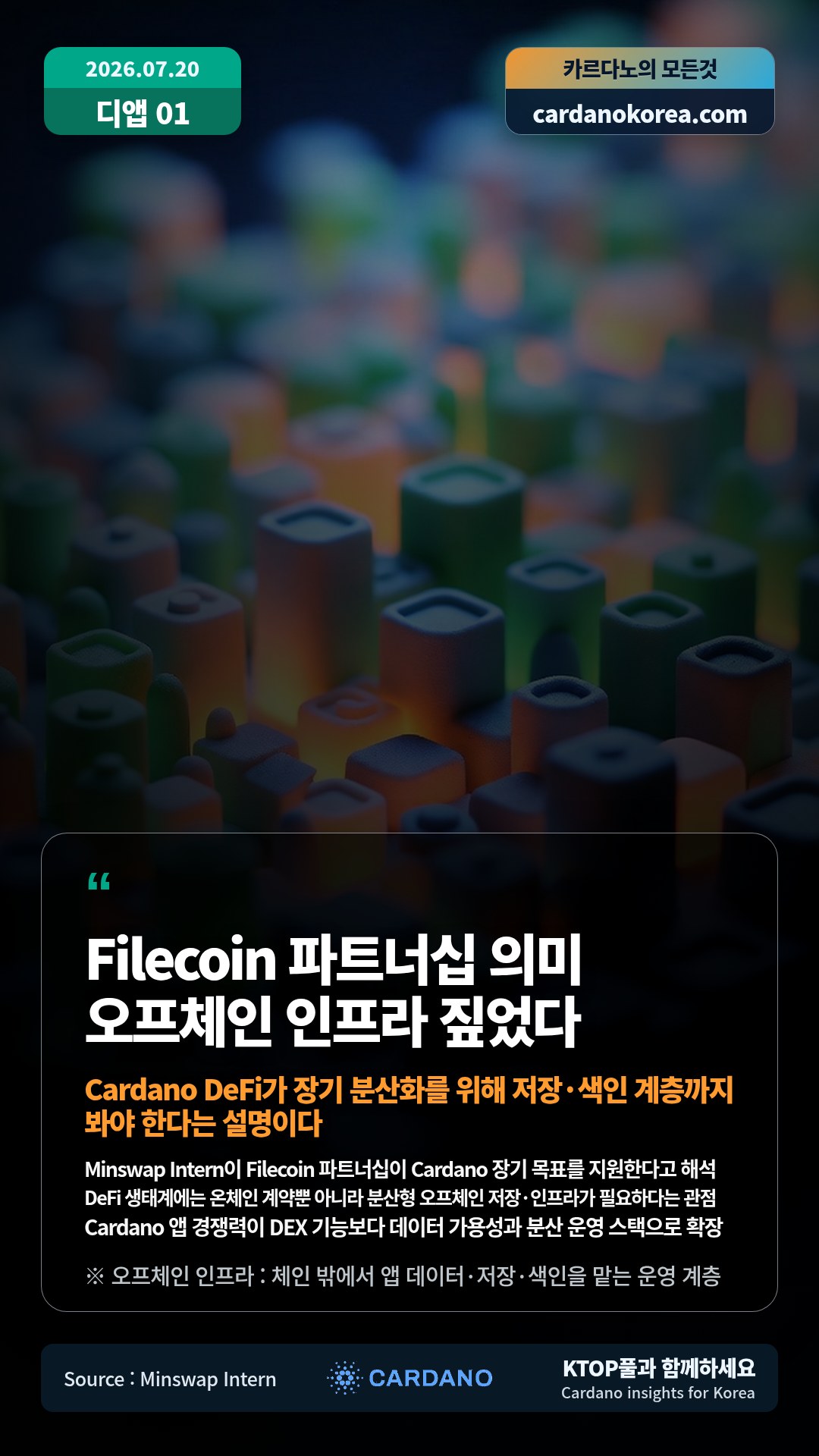 Minswap Intern이 Filecoin 파트너십이 Cardano 장기 목표를 지원한다고 해석 — DeFi 생태계에는 온체인 계약뿐 아니라 분산형 오프체인 저장·인프라가 필요하다는 관점