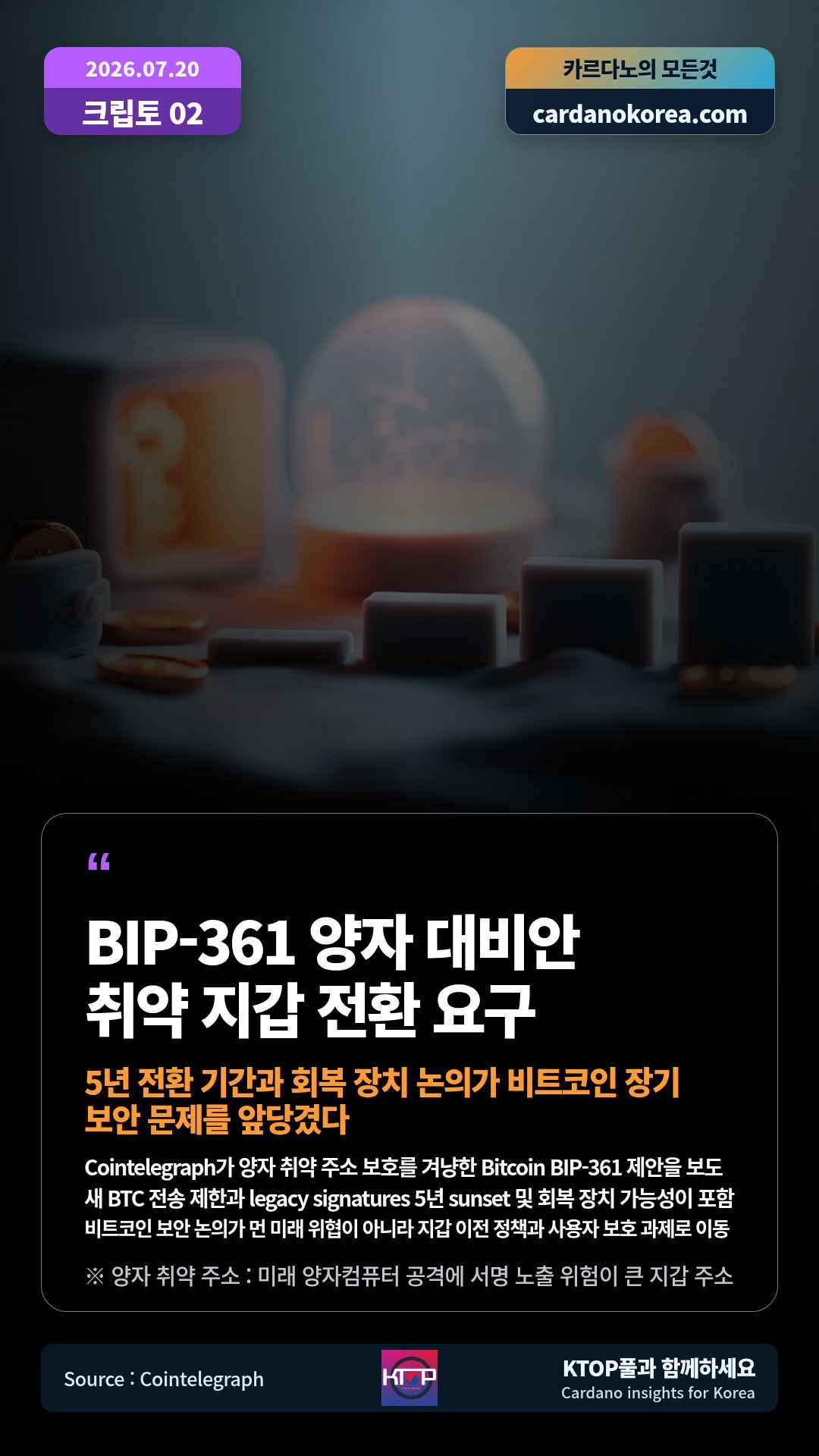 Cointelegraph가 양자 취약 주소 보호를 겨냥한 Bitcoin BIP-361 제안을 보도 — 새 BTC 전송 제한과 legacy signatures 5년 sunset 및 회복 장치 가능성이 포함