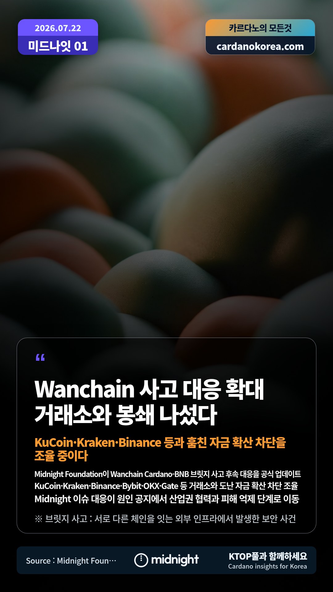Midnight Foundation이 Wanchain Cardano-BNB 브릿지 사고 후속 대응을 공식 업데이트 — KuCoin·Kraken·Binance·Bybit·OKX·Gate 등 거래소와 도난 자금 확산 차단 조율