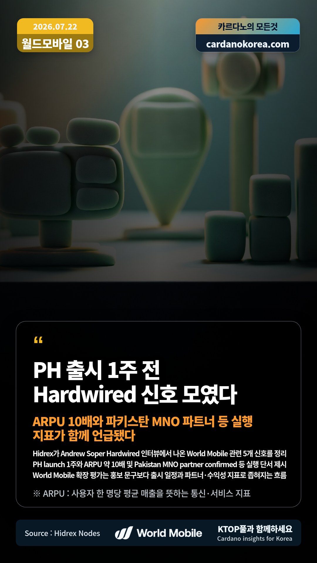 Hidrex가 Andrew Soper Hardwired 인터뷰에서 나온 World Mobile 관련 5개 신호를 정리 — PH launch 1주와 ARPU 약 10배 및 Pakistan MNO partner confirmed 등 실행 단서 제시