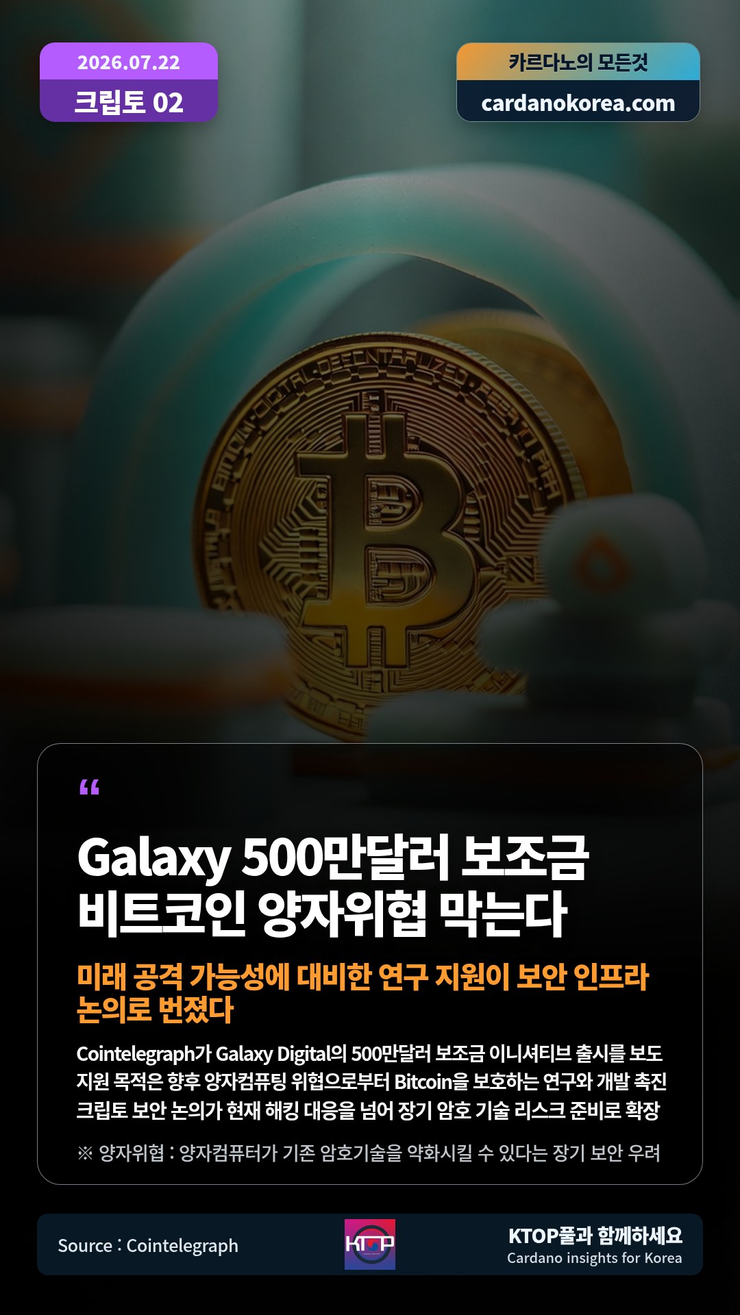 Cointelegraph가 Galaxy Digital의 500만달러 보조금 이니셔티브 출시를 보도 — 지원 목적은 향후 양자컴퓨팅 위협으로부터 Bitcoin을 보호하는 연구와 개발 촉진