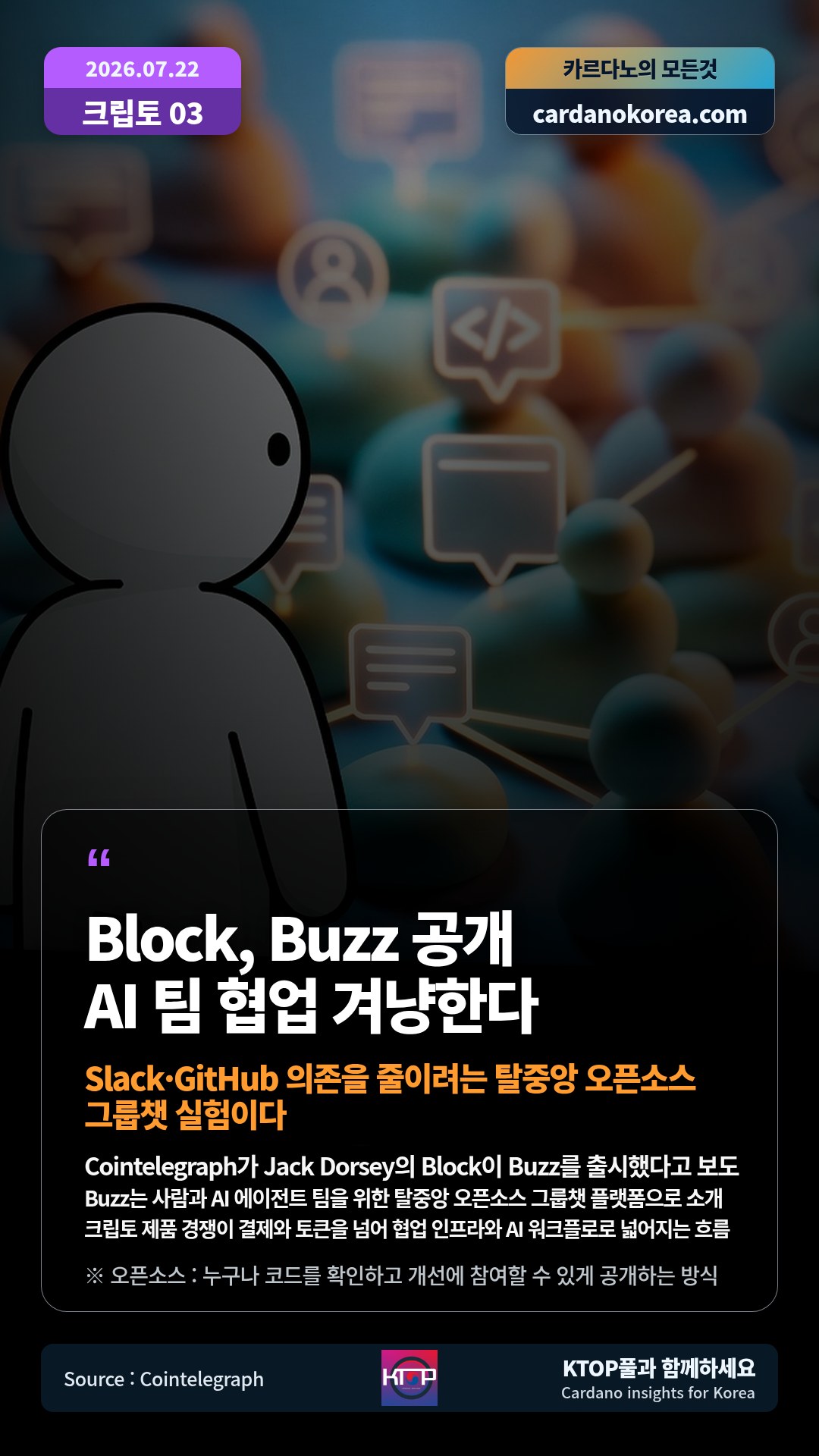 Cointelegraph가 Jack Dorsey의 Block이 Buzz를 출시했다고 보도 — Buzz는 사람과 AI 에이전트 팀을 위한 탈중앙 오픈소스 그룹챗 플랫폼으로 소개