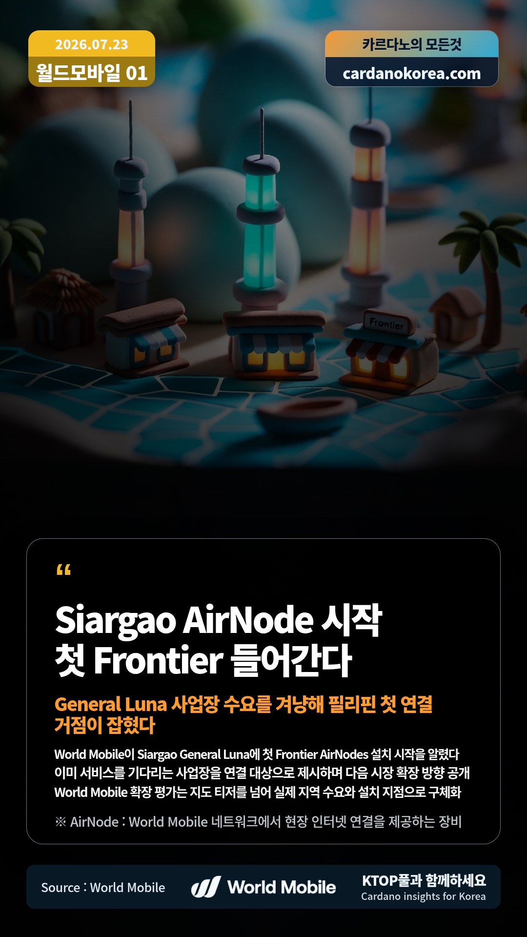World Mobile이 Siargao General Luna에 첫 Frontier AirNodes 설치 시작을 알렸다 — 이미 서비스를 기다리는 사업장을 연결 대상으로 제시하며 다음 시장 확장 방향 공개