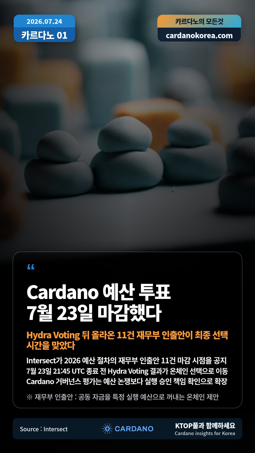 Intersect가 2026 예산 절차의 재무부 인출안 11건 마감 시점을 공지 — 7월 23일 21:45 UTC 종료 전 Hydra Voting 결과가 온체인 선택으로 이동