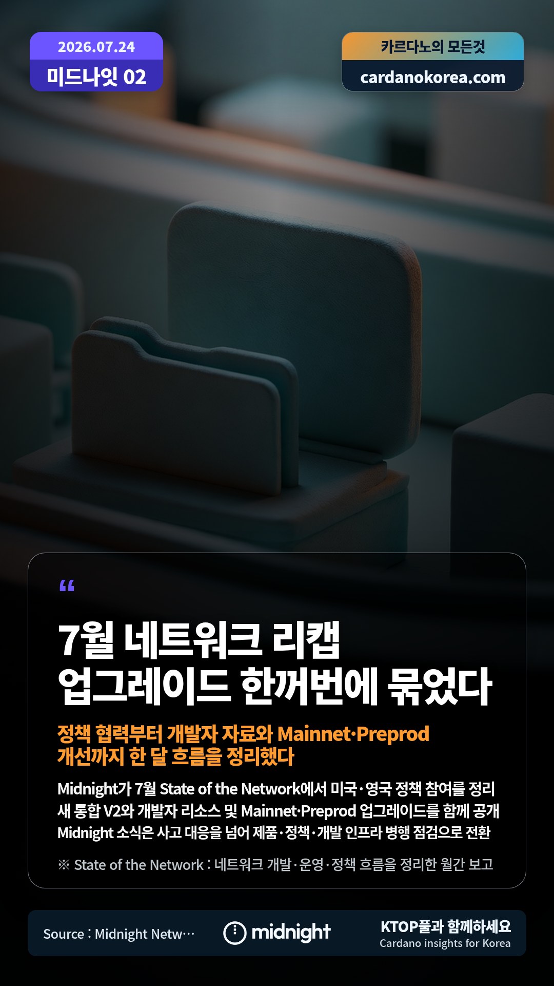 Midnight가 7월 State of the Network에서 미국·영국 정책 참여를 정리 — 새 통합 V2와 개발자 리소스 및 Mainnet·Preprod 업그레이드를 함께 공개