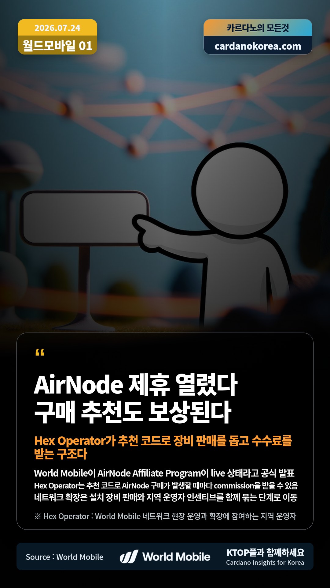 World Mobile이 AirNode Affiliate Program이 live 상태라고 공식 발표 — Hex Operator는 추천 코드로 AirNode 구매가 발생할 때마다 commission을 받을 수 있음