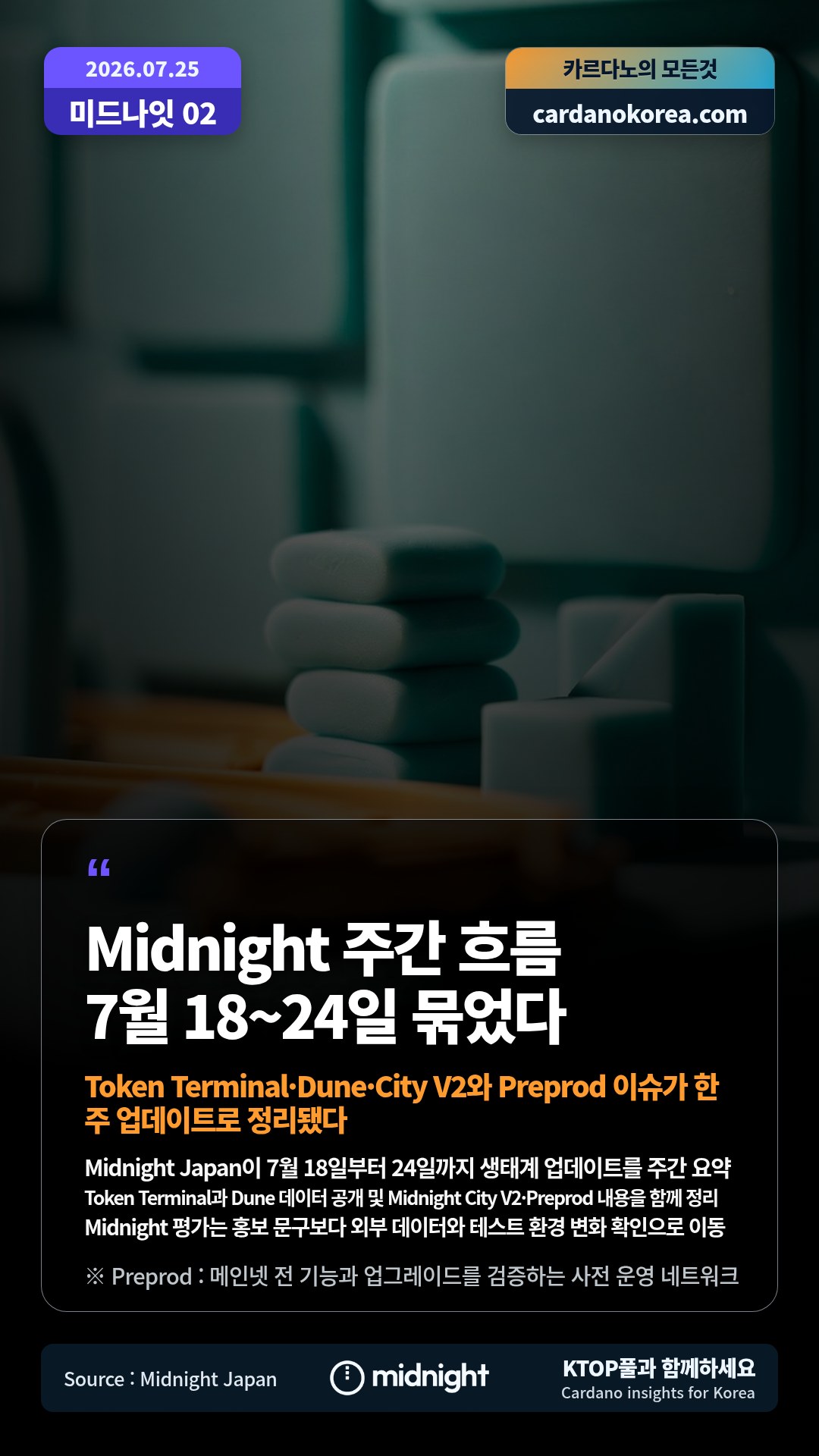 Midnight Japan이 7월 18일부터 24일까지 생태계 업데이트를 주간 요약 — Token Terminal과 Dune 데이터 공개 및 Midnight City V2·Preprod 내용을 함께 정리