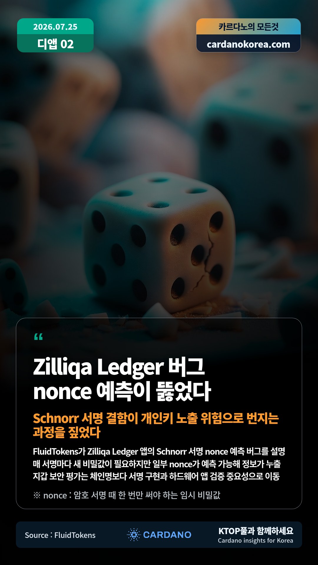 FluidTokens가 Zilliqa Ledger 앱의 Schnorr 서명 nonce 예측 버그를 설명 — 매 서명마다 새 비밀값이 필요하지만 일부 nonce가 예측 가능해 정보가 누출