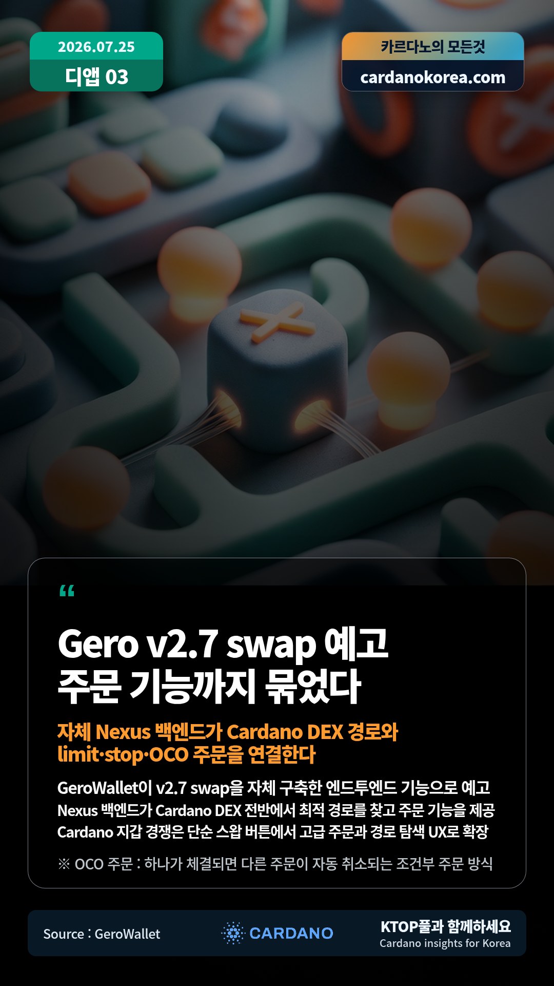 GeroWallet이 v2.7 swap을 자체 구축한 엔드투엔드 기능으로 예고 — Nexus 백엔드가 Cardano DEX 전반에서 최적 경로를 찾고 주문 기능을 제공