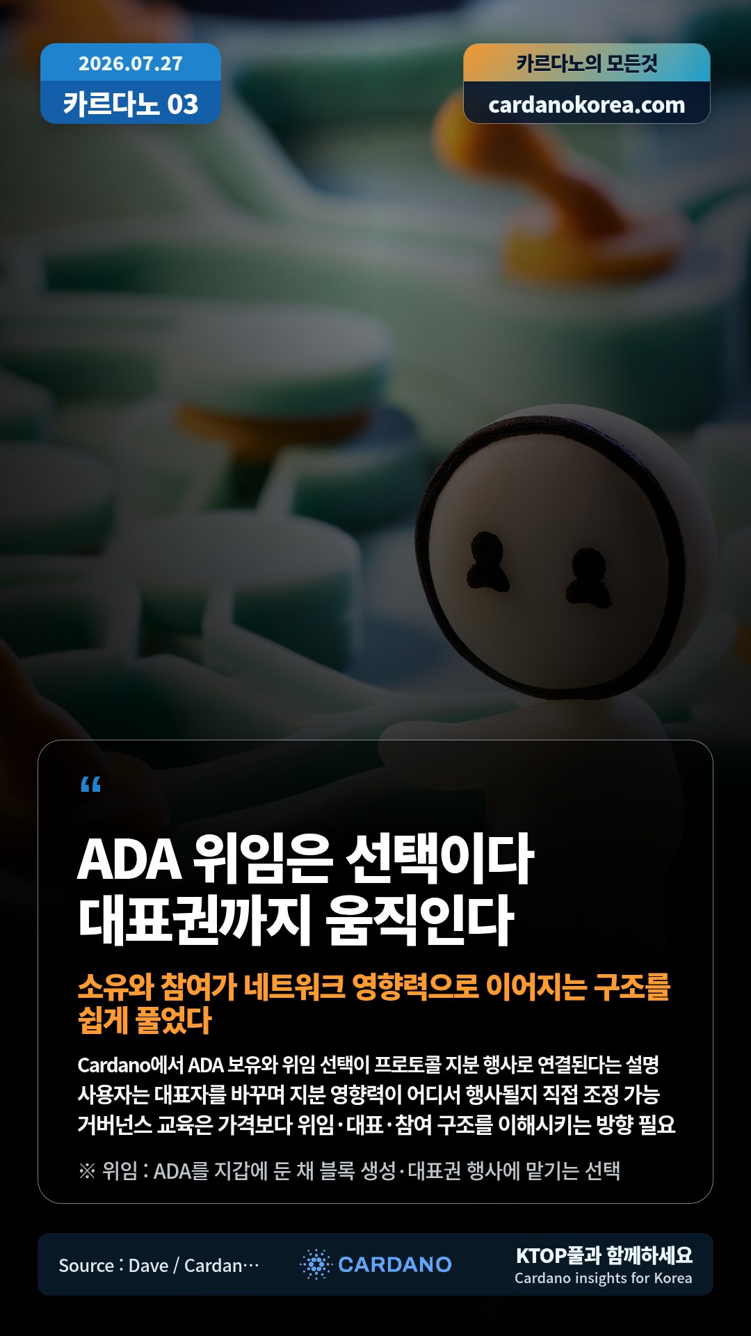 Cardano에서 ADA 보유와 위임 선택이 프로토콜 지분 행사로 연결된다는 설명 — 사용자는 대표자를 바꾸며 지분 영향력이 어디서 행사될지 직접 조정 가능