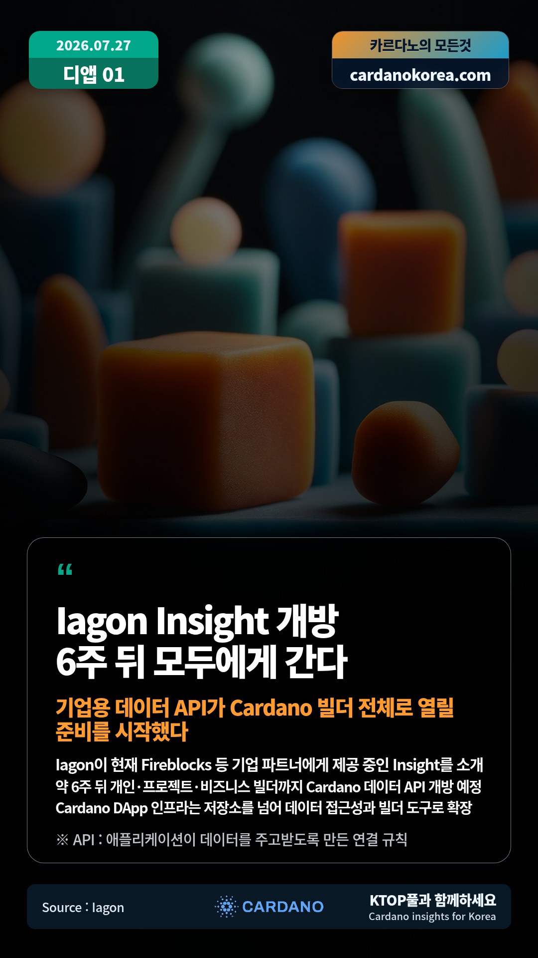 Iagon이 현재 Fireblocks 등 기업 파트너에게 제공 중인 Insight를 소개 — 약 6주 뒤 개인·프로젝트·비즈니스 빌더까지 Cardano 데이터 API 개방 예정