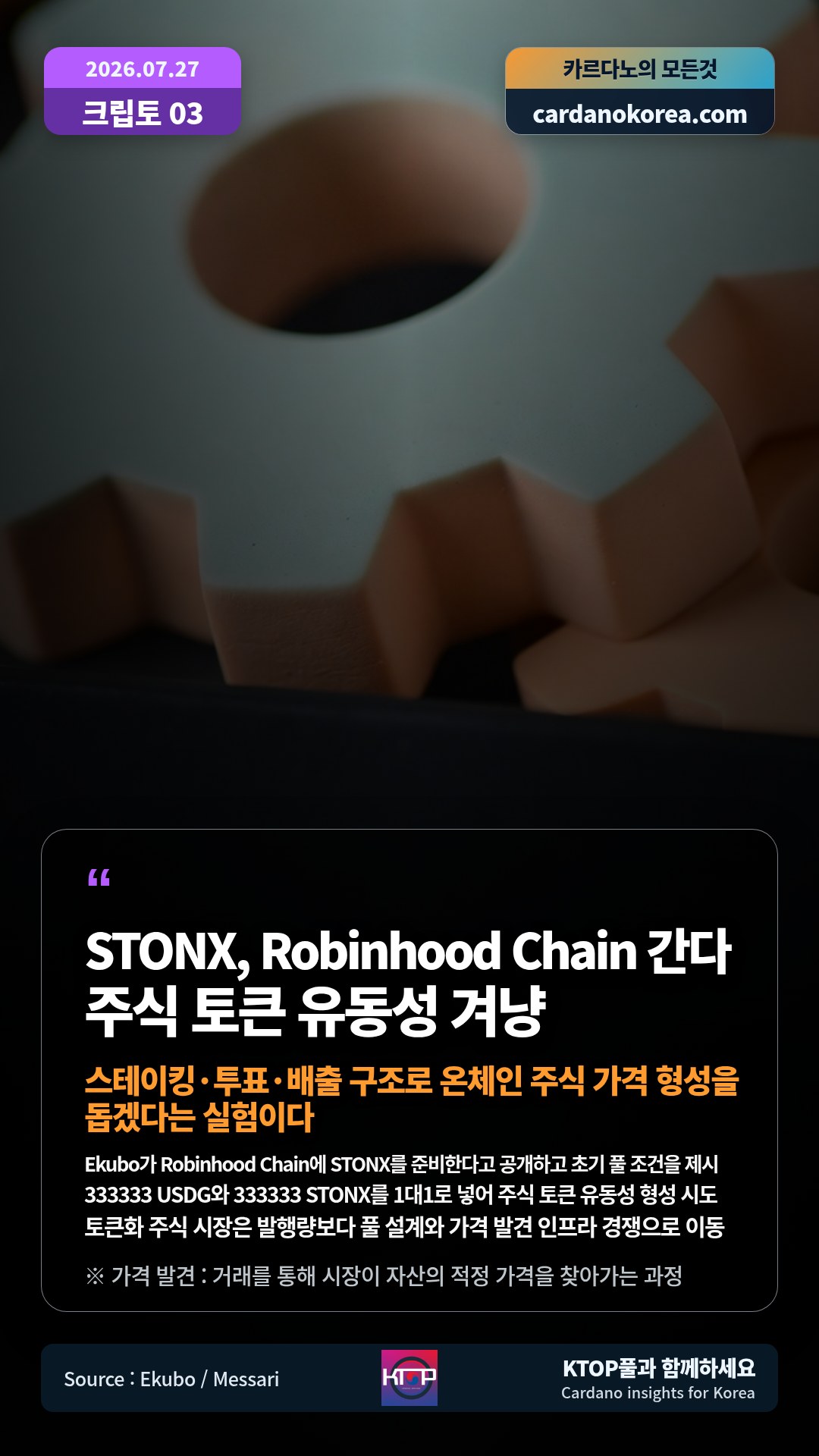 Ekubo가 Robinhood Chain에 STONX를 준비한다고 공개하고 초기 풀 조건을 제시 — 333333 USDG와 333333 STONX를 1대1로 넣어 주식 토큰 유동성 형성 시도