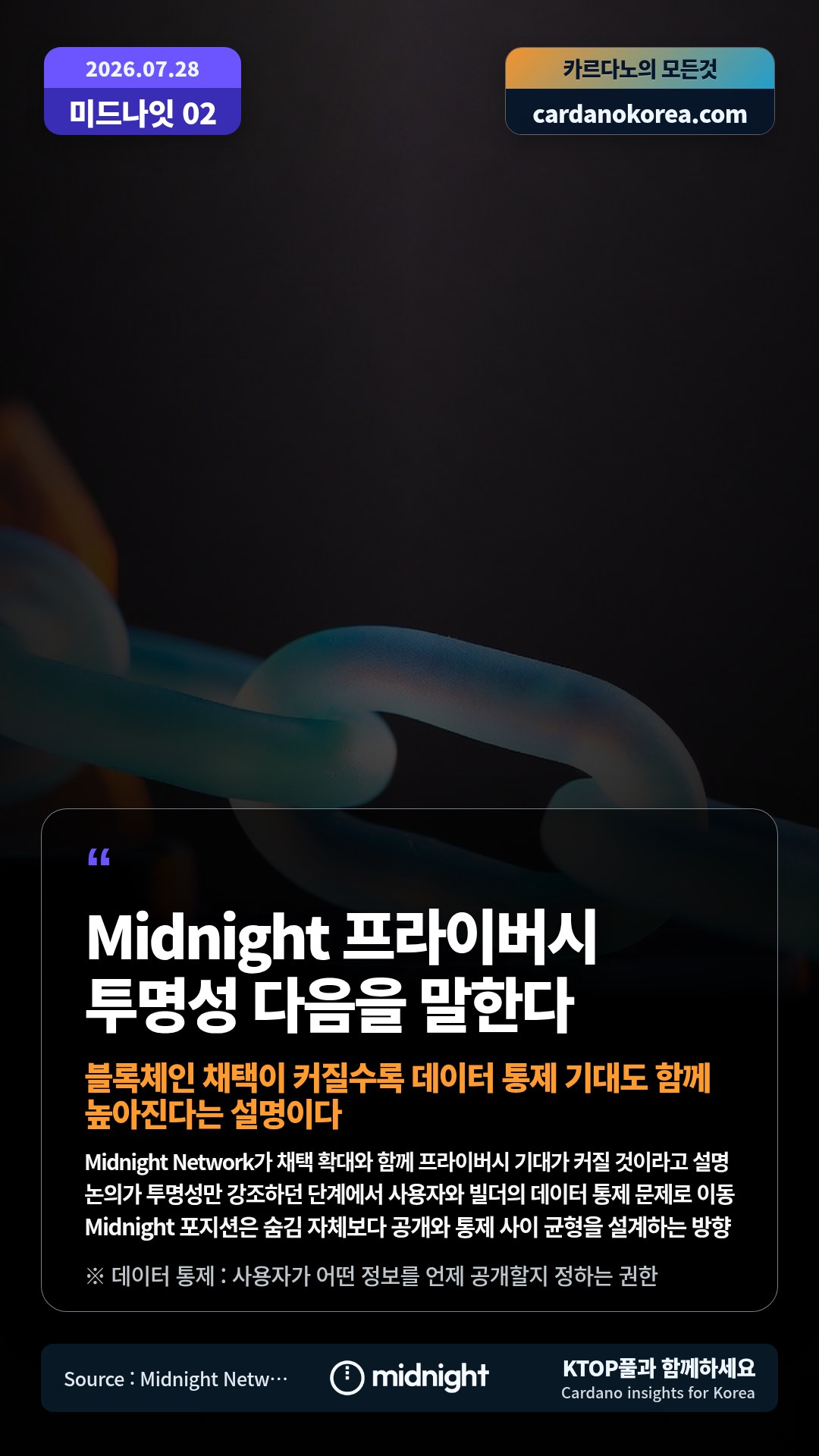 Midnight Network가 채택 확대와 함께 프라이버시 기대가 커질 것이라고 설명 — 논의가 투명성만 강조하던 단계에서 사용자와 빌더의 데이터 통제 문제로 이동