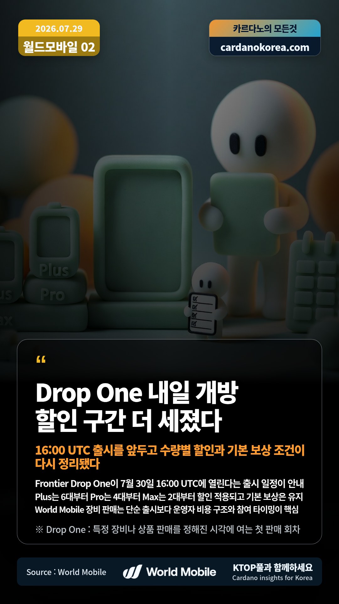 Frontier Drop One이 7월 30일 16:00 UTC에 열린다는 출시 일정이 안내 — Plus는 6대부터 Pro는 4대부터 Max는 2대부터 할인 적용되고 기본 보상은 유지