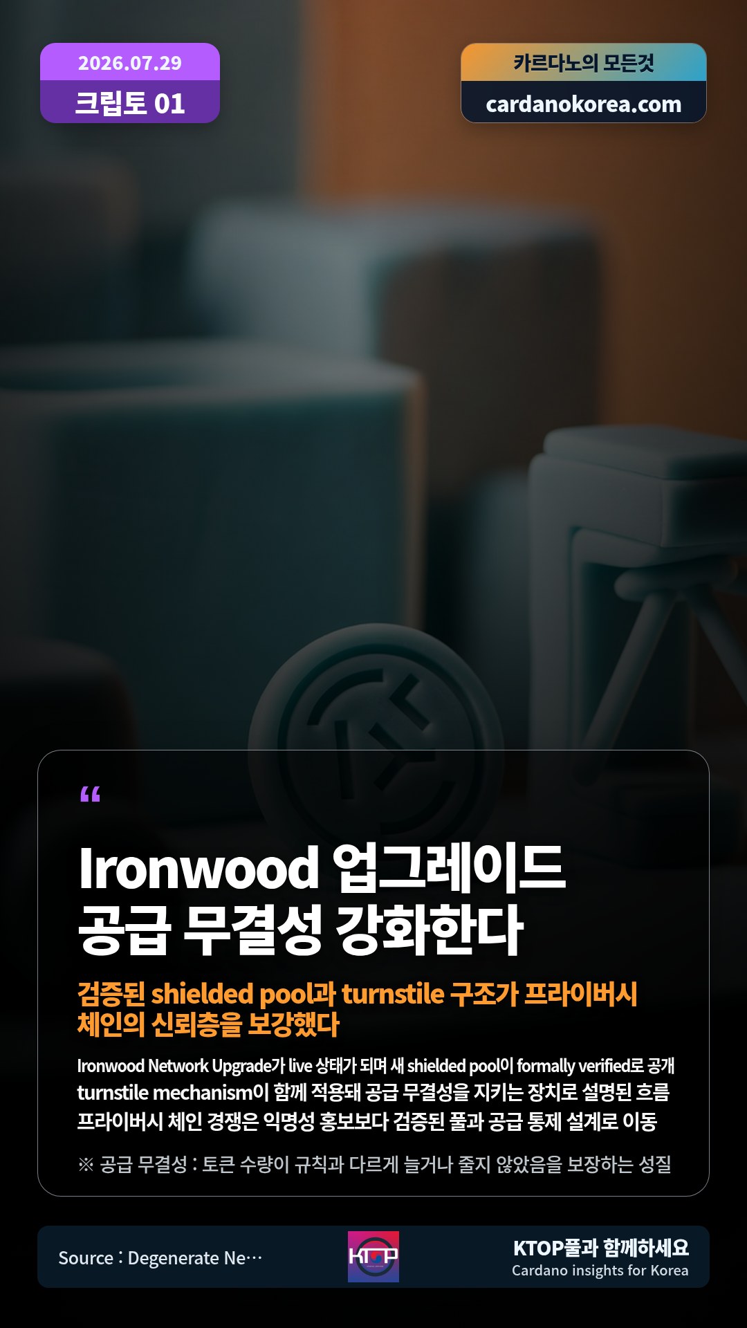 Ironwood Network Upgrade가 live 상태가 되며 새 shielded pool이 formally verified로 공개 — turnstile mechanism이 함께 적용돼 공급 무결성을 지키는 장치로 설명된 흐름