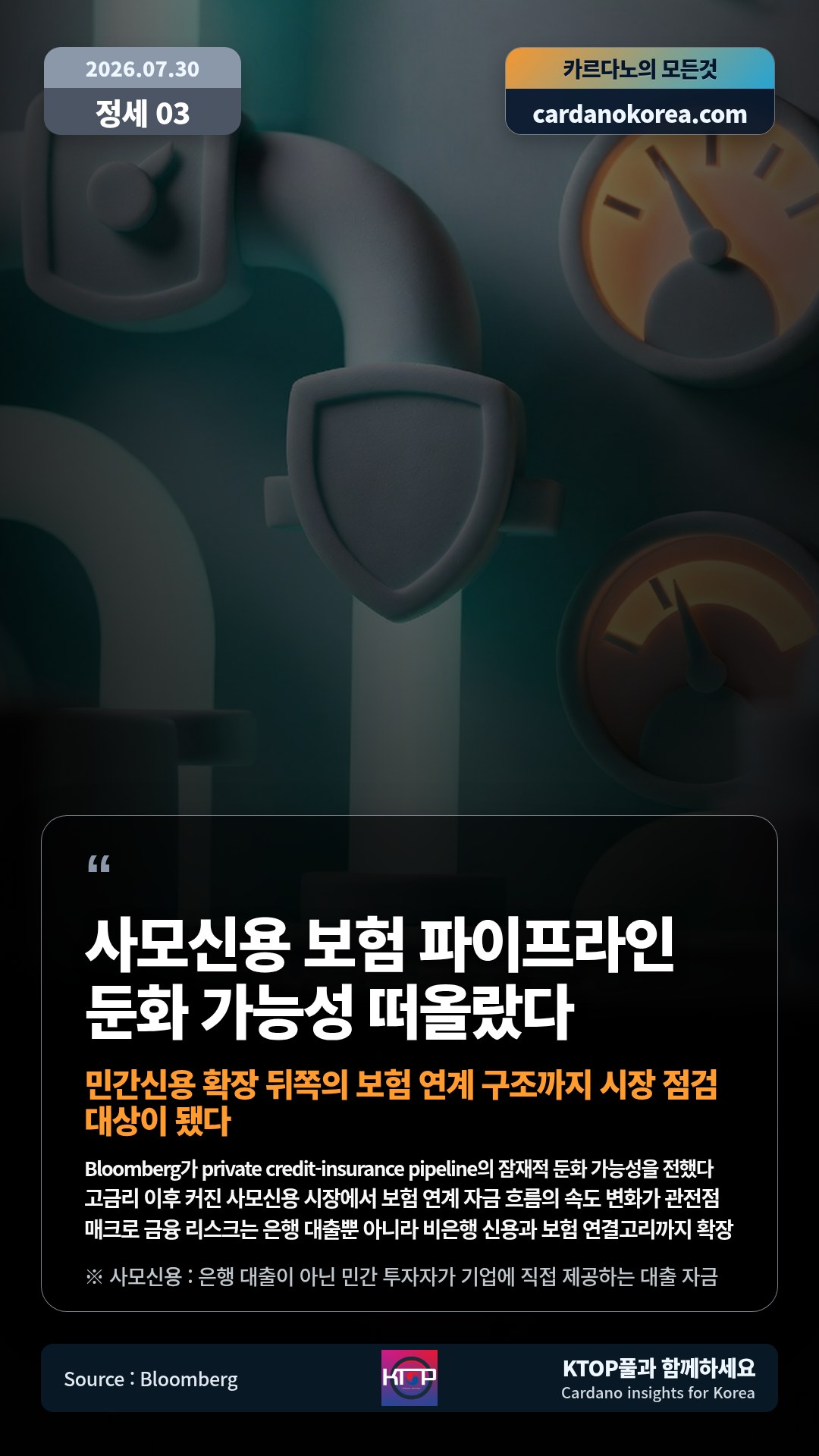 Bloomberg가 private credit-insurance pipeline의 잠재적 둔화 가능성을 전했다 — 고금리 이후 커진 사모신용 시장에서 보험 연계 자금 흐름의 속도 변화가 관전점