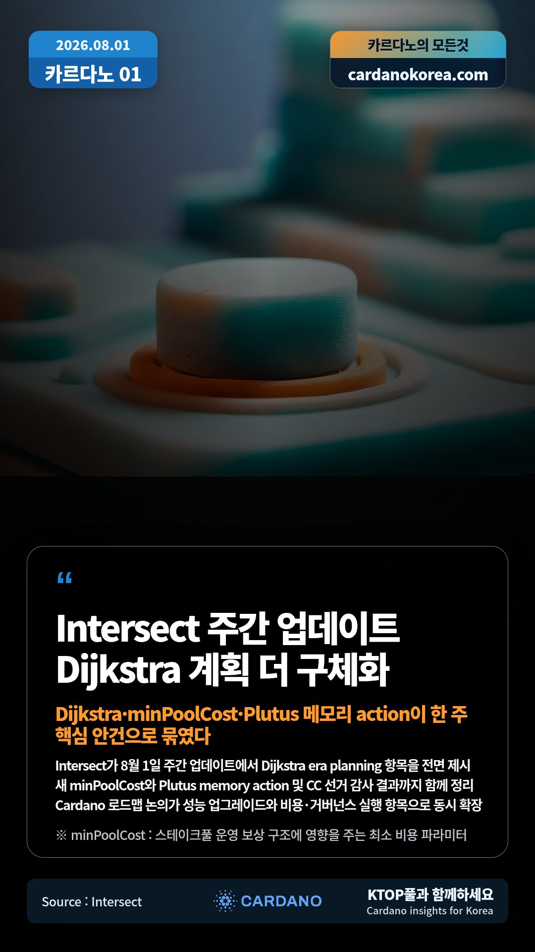Intersect가 8월 1일 주간 업데이트에서 Dijkstra era planning 항목을 전면 제시 — 새 minPoolCost와 Plutus memory action 및 CC 선거 감사 결과까지 함께 정리