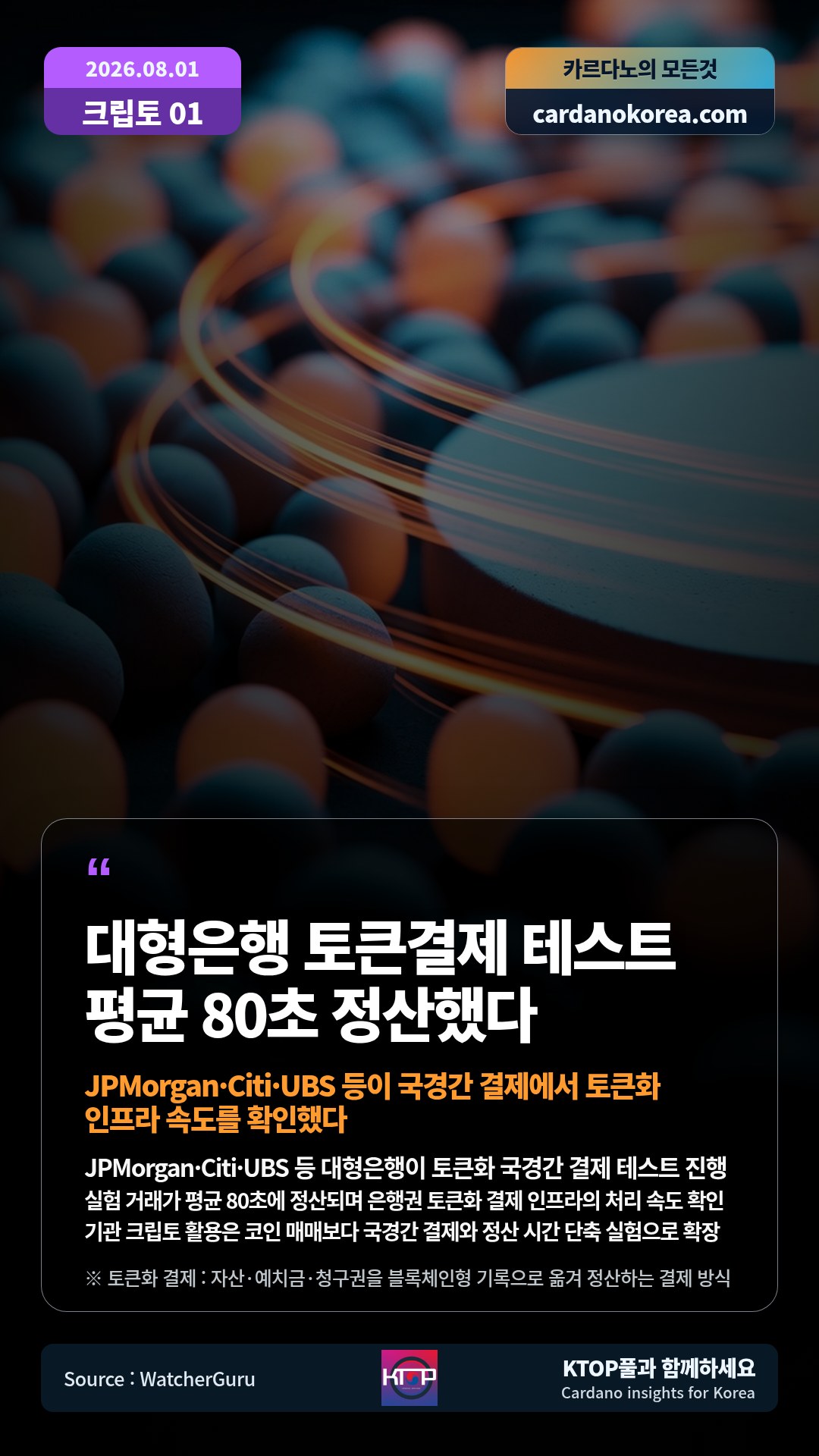 JPMorgan·Citi·UBS 등 대형은행이 토큰화 국경간 결제 테스트 진행 — 실험 거래가 평균 80초에 정산되며 은행권 토큰화 결제 인프라의 처리 속도 확인