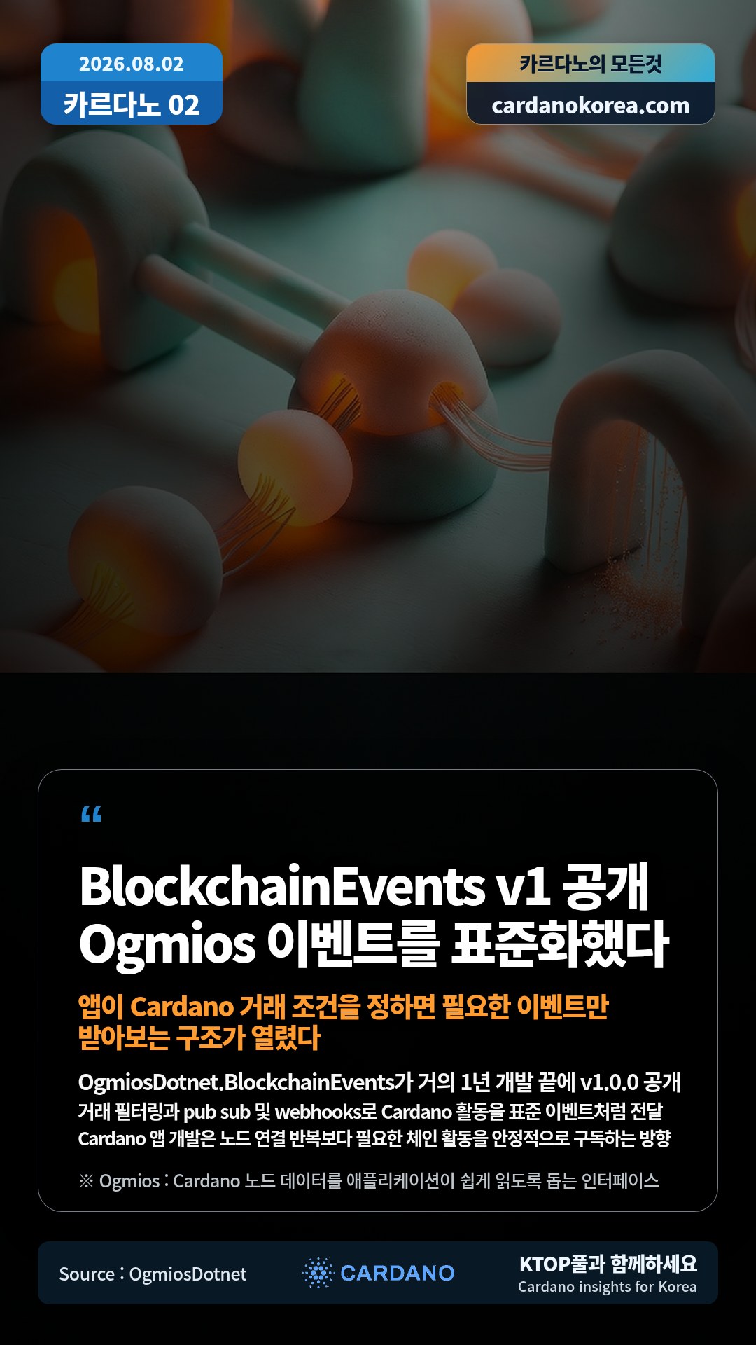 OgmiosDotnet.BlockchainEvents가 거의 1년 개발 끝에 v1.0.0 공개 — 거래 필터링과 pub sub 및 webhooks로 Cardano 활동을 표준 이벤트처럼 전달