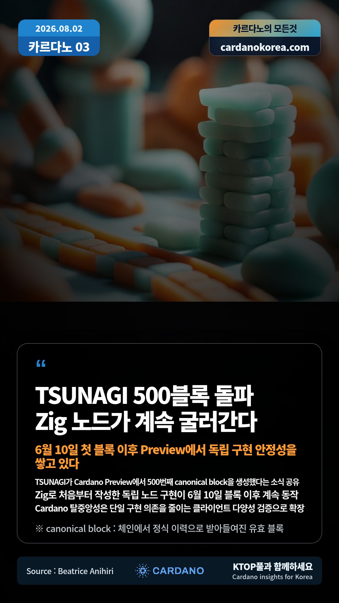 TSUNAGI가 Cardano Preview에서 500번째 canonical block을 생성했다는 소식 공유 — Zig로 처음부터 작성한 독립 노드 구현이 6월 10일 블록 이후 계속 동작