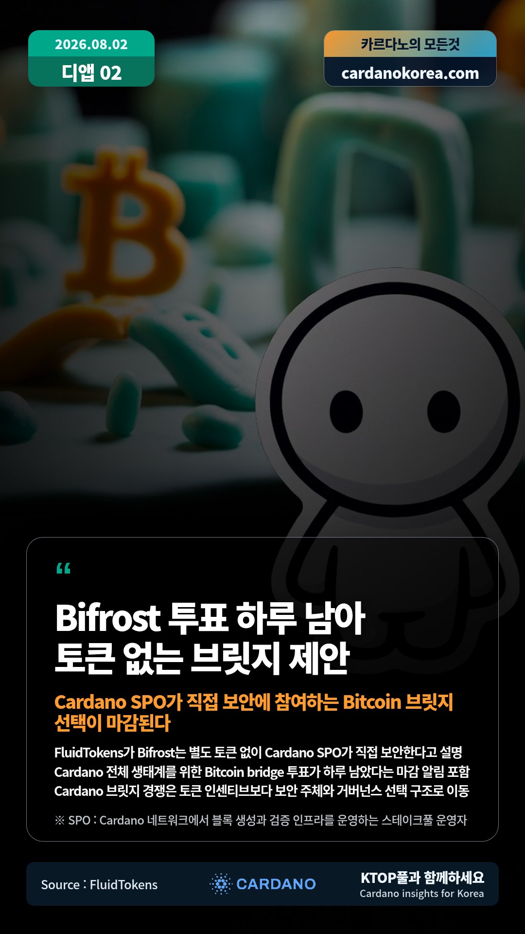FluidTokens가 Bifrost는 별도 토큰 없이 Cardano SPO가 직접 보안한다고 설명 — Cardano 전체 생태계를 위한 Bitcoin bridge 투표가 하루 남았다는 마감 알림 포함