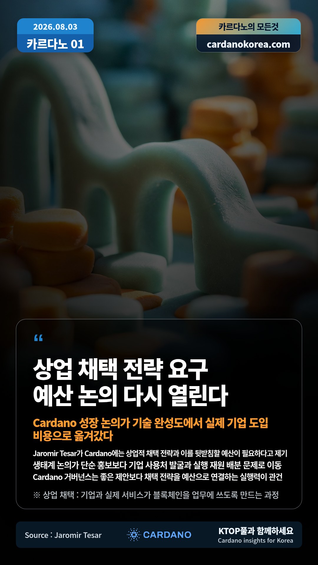 Jaromir Tesar가 Cardano에는 상업적 채택 전략과 이를 뒷받침할 예산이 필요하다고 제기 — 생태계 논의가 단순 홍보보다 기업 사용처 발굴과 실행 재원 배분 문제로 이동