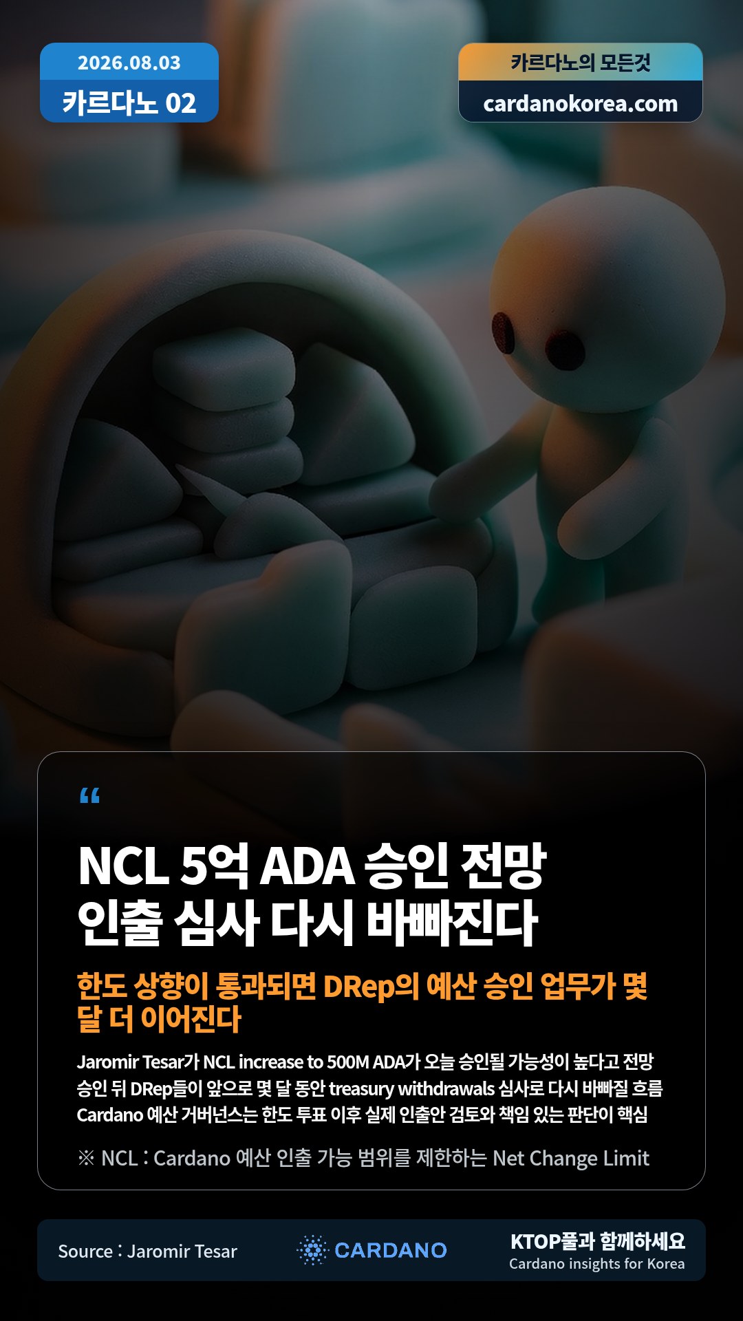 Jaromir Tesar가 NCL increase to 500M ADA가 오늘 승인될 가능성이 높다고 전망 — 승인 뒤 DRep들이 앞으로 몇 달 동안 treasury withdrawals 심사로 다시 바빠질 흐름