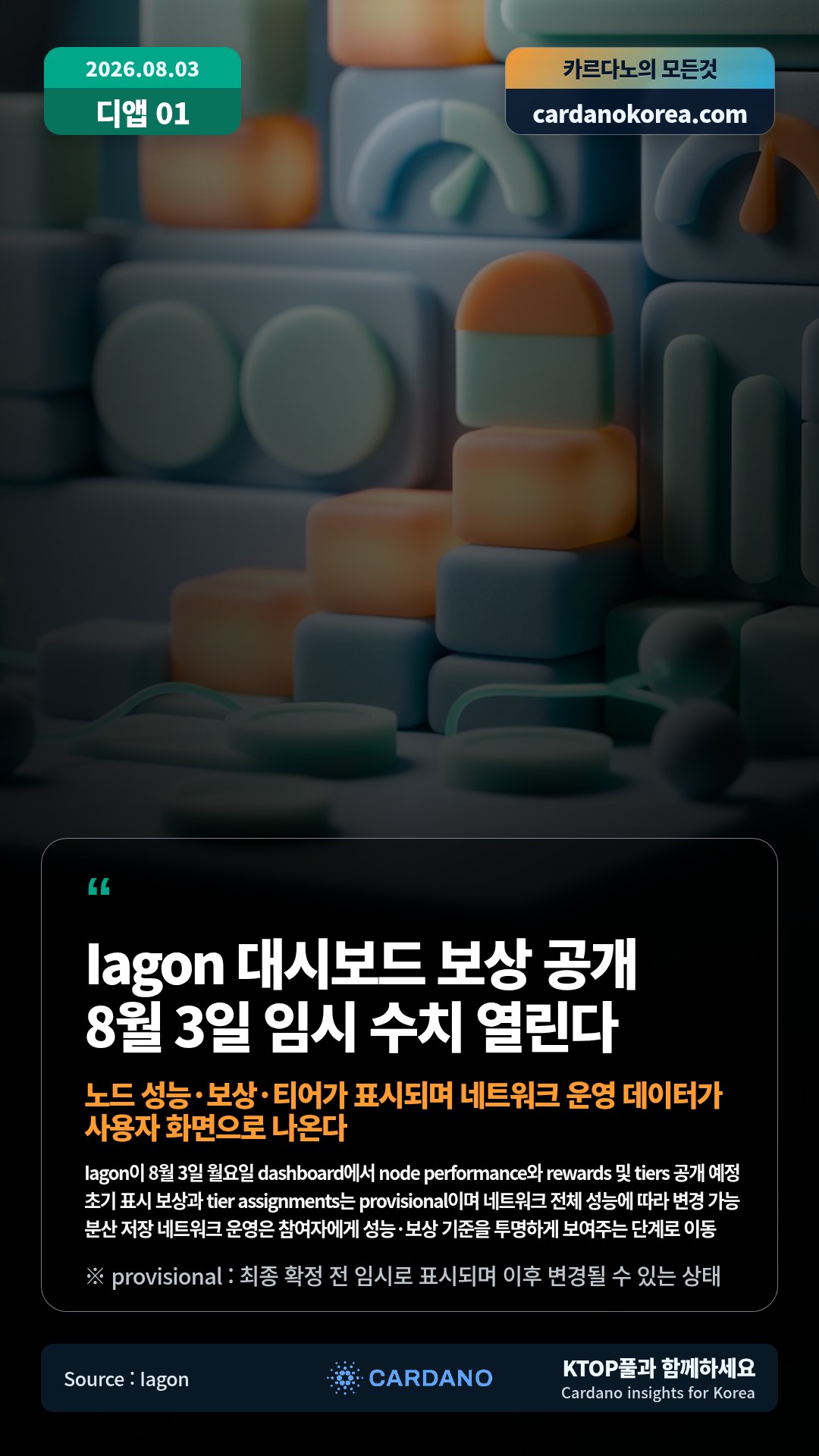 Iagon이 8월 3일 월요일 dashboard에서 node performance와 rewards 및 tiers 공개 예정 — 초기 표시 보상과 tier assignments는 provisional이며 네트워크 전체 성능에 따라 변경 가능