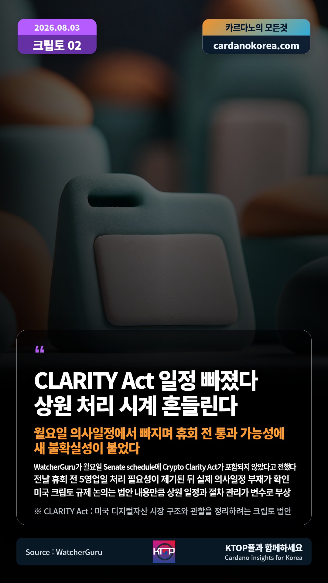 WatcherGuru가 월요일 Senate schedule에 Crypto Clarity Act가 포함되지 않았다고 전했다 — 전날 휴회 전 5영업일 처리 필요성이 제기된 뒤 실제 의사일정 부재가 확인