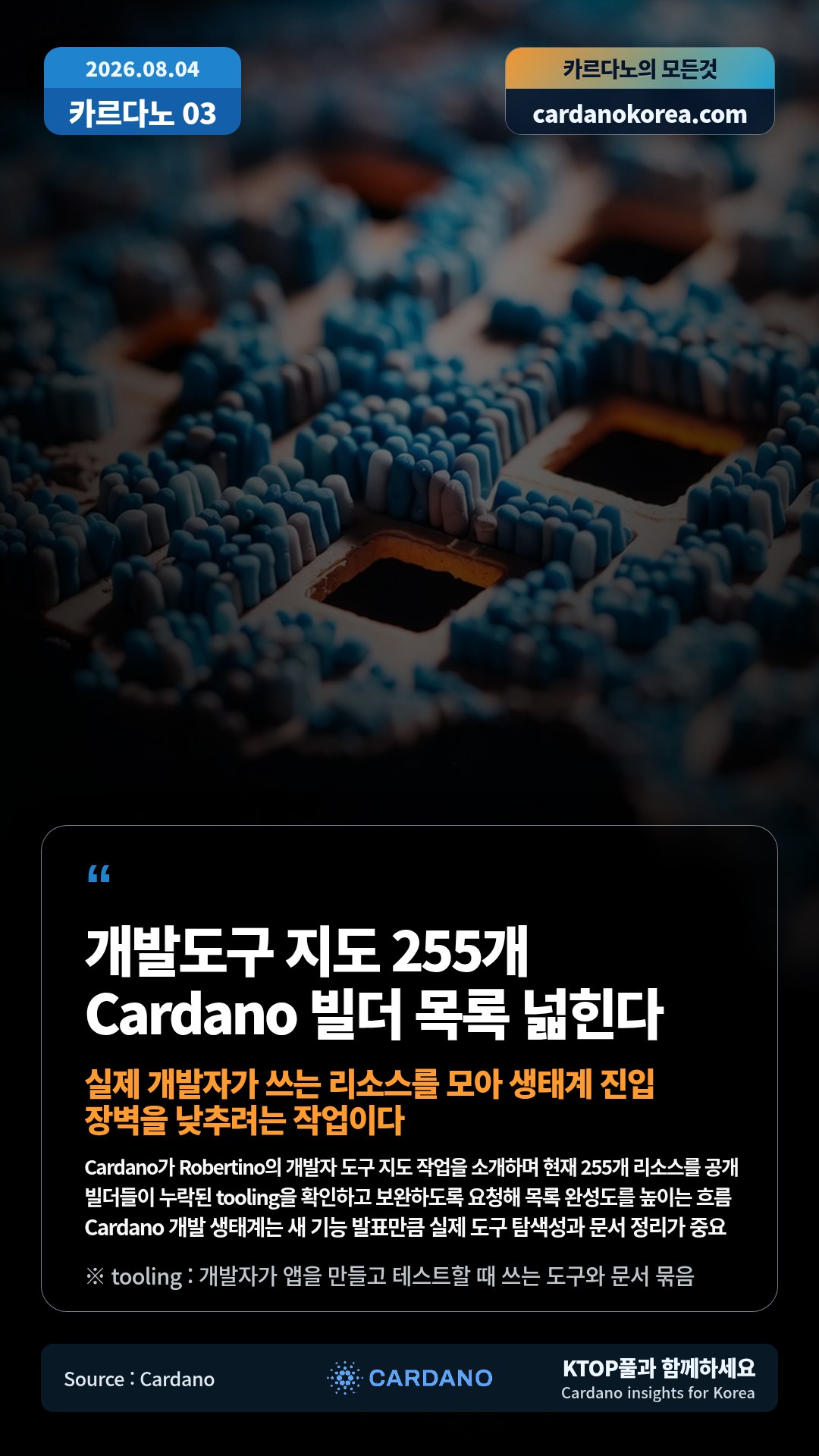 Cardano가 Robertino의 개발자 도구 지도 작업을 소개하며 현재 255개 리소스를 공개 — 빌더들이 누락된 tooling을 확인하고 보완하도록 요청해 목록 완성도를 높이는 흐름