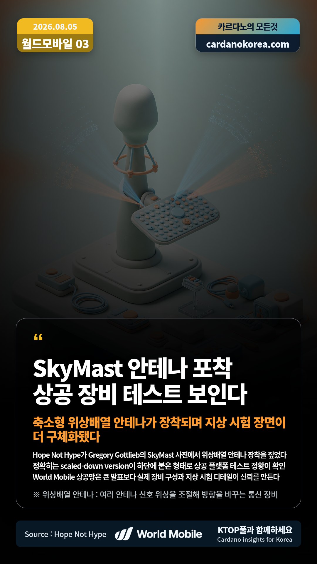 Hope Not Hype가 Gregory Gottlieb의 SkyMast 사진에서 위상배열 안테나 장착을 짚었다 — 정확히는 scaled-down version이 하단에 붙은 형태로 상공 플랫폼 테스트 정황이 확인