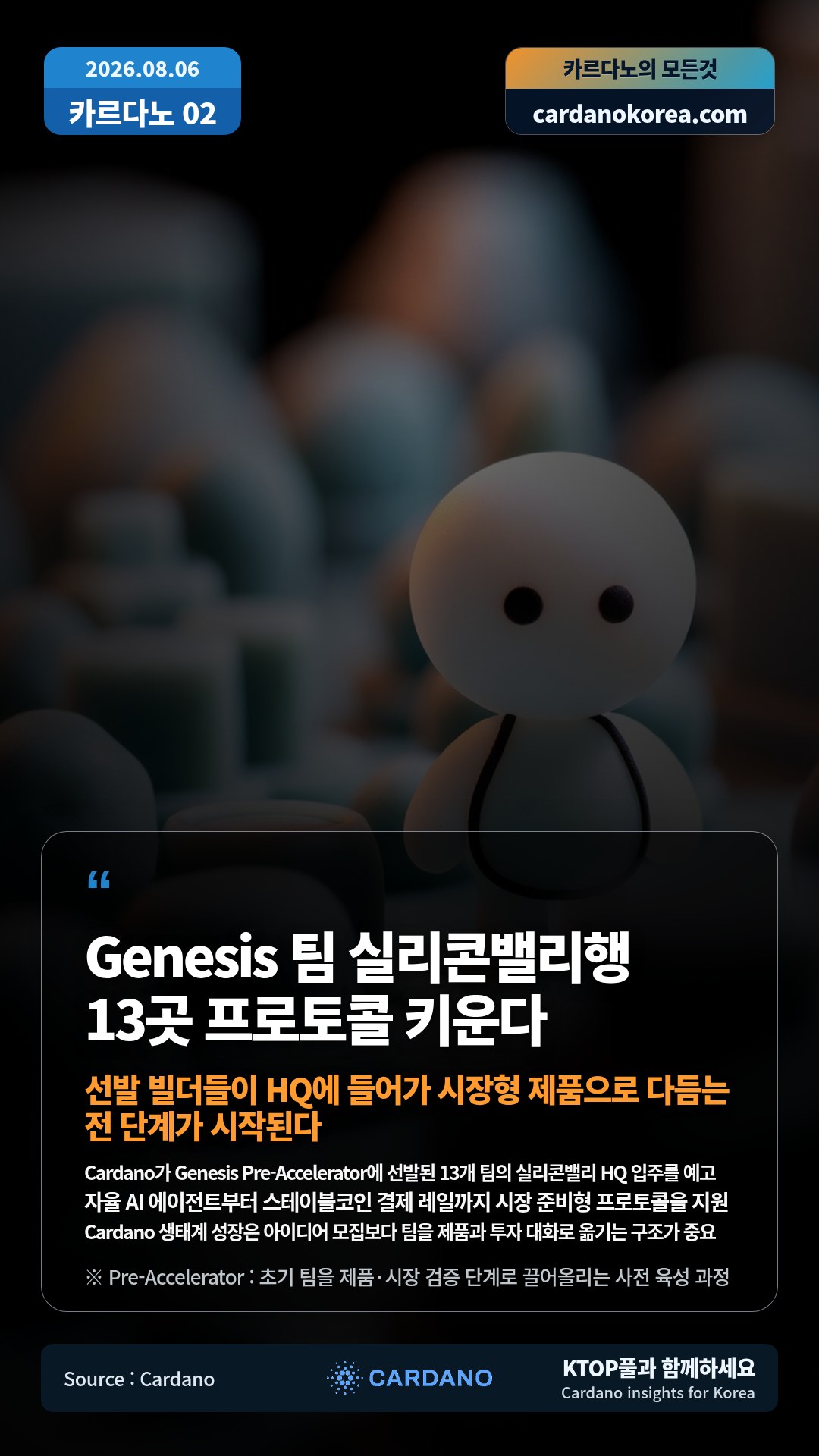 Cardano가 Genesis Pre-Accelerator에 선발된 13개 팀의 실리콘밸리 HQ 입주를 예고 — 자율 AI 에이전트부터 스테이블코인 결제 레일까지 시장 준비형 프로토콜을 지원
