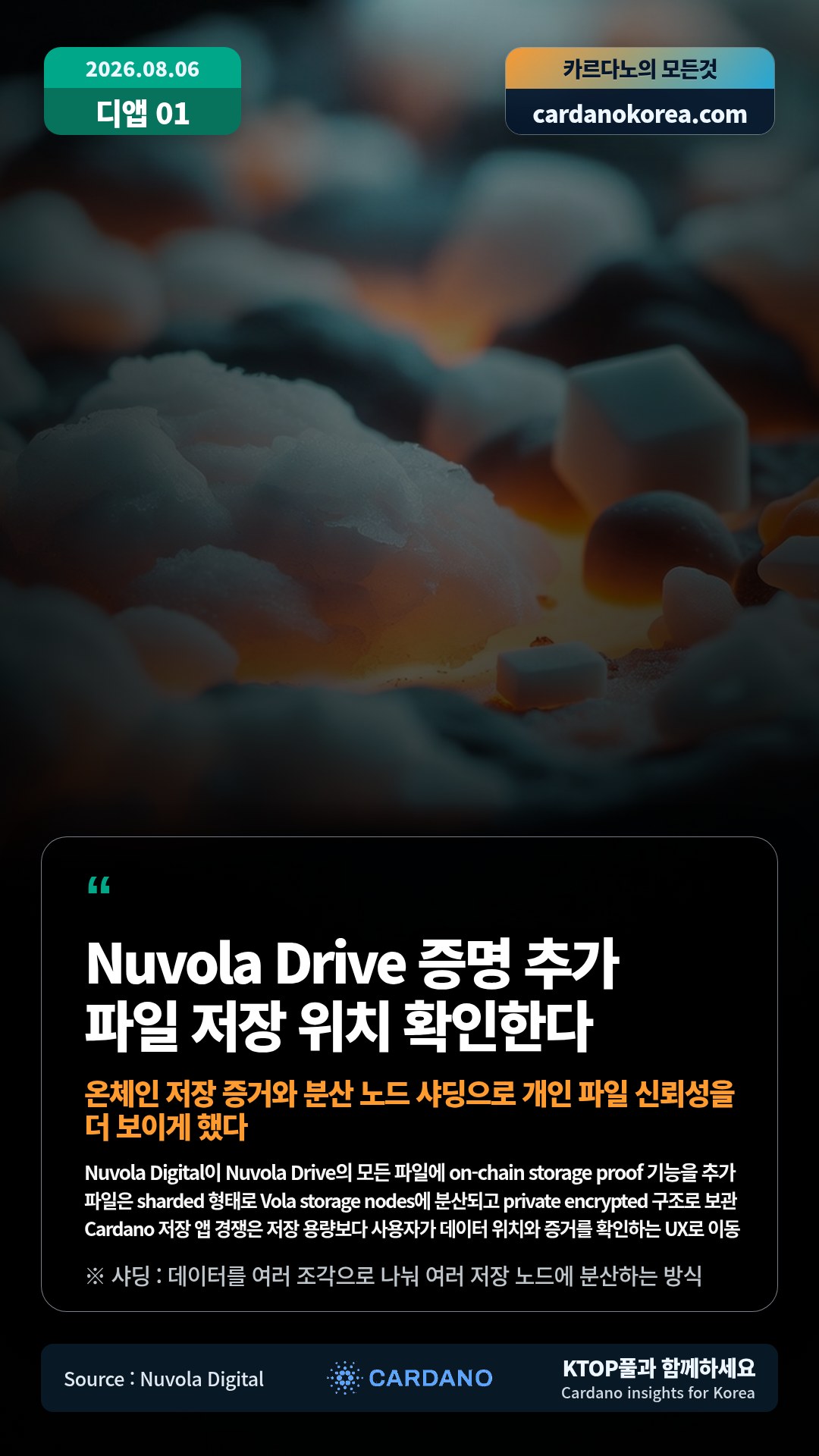 Nuvola Digital이 Nuvola Drive의 모든 파일에 on-chain storage proof 기능을 추가 — 파일은 sharded 형태로 Vola storage nodes에 분산되고 private encrypted 구조로 보관