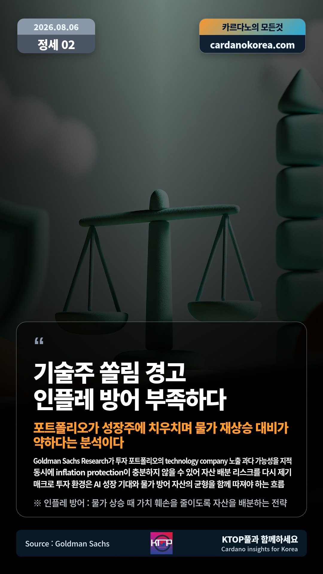 Goldman Sachs Research가 투자 포트폴리오의 technology company 노출 과다 가능성을 지적 — 동시에 inflation protection이 충분하지 않을 수 있어 자산 배분 리스크를 다시 제기