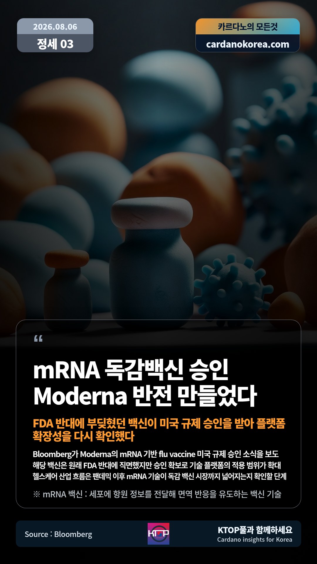Bloomberg가 Moderna의 mRNA 기반 flu vaccine 미국 규제 승인 소식을 보도 — 해당 백신은 원래 FDA 반대에 직면했지만 승인 확보로 기술 플랫폼의 적용 범위가 확대