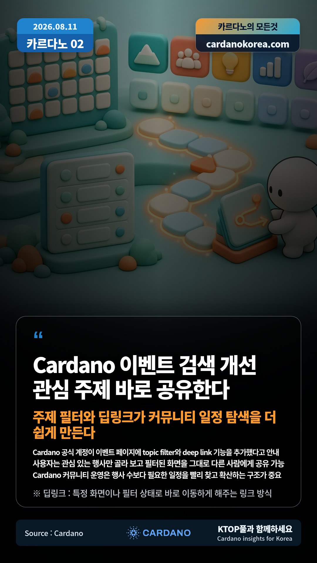 Cardano 공식 계정이 이벤트 페이지에 topic filter와 deep link 기능을 추가했다고 안내 — 사용자는 관심 있는 행사만 골라 보고 필터된 화면을 그대로 다른 사람에게 공유 가능