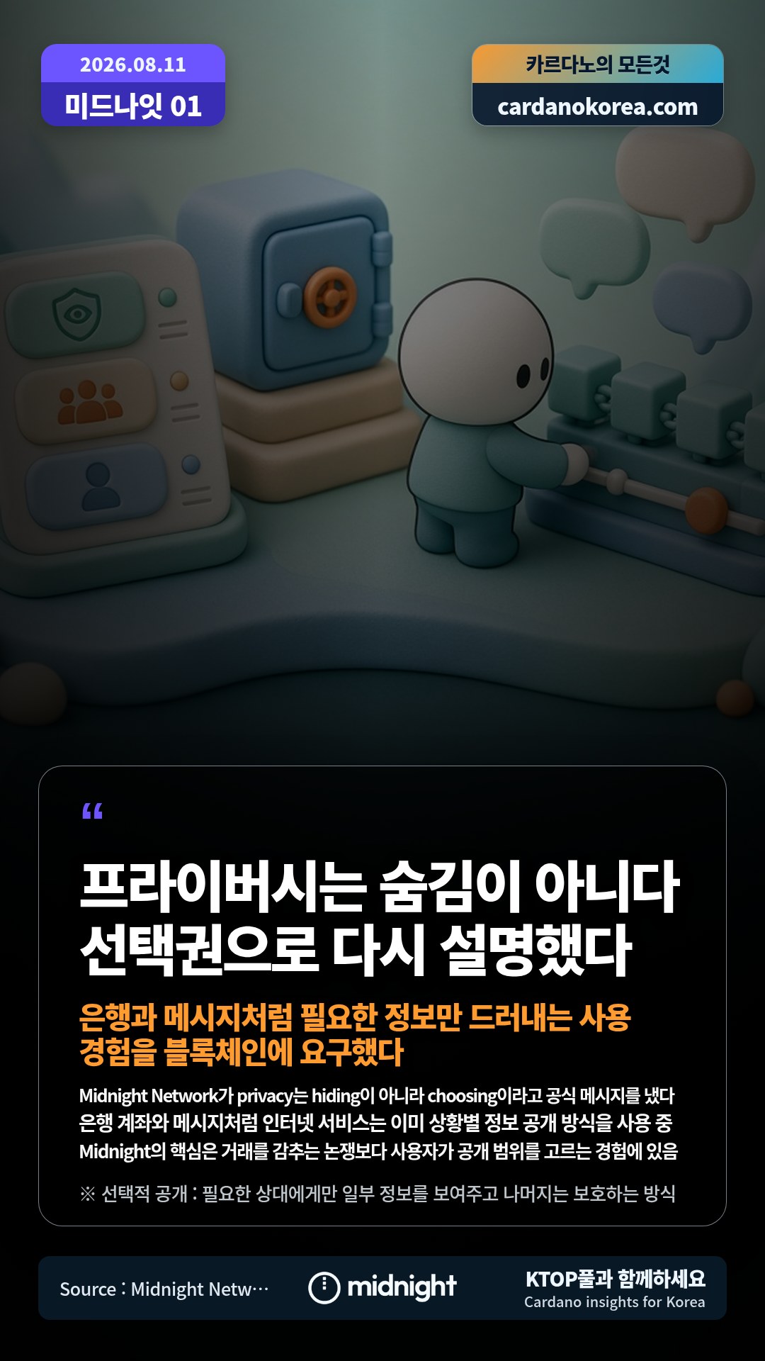 Midnight Network가 privacy는 hiding이 아니라 choosing이라고 공식 메시지를 냈다 — 은행 계좌와 메시지처럼 인터넷 서비스는 이미 상황별 정보 공개 방식을 사용 중