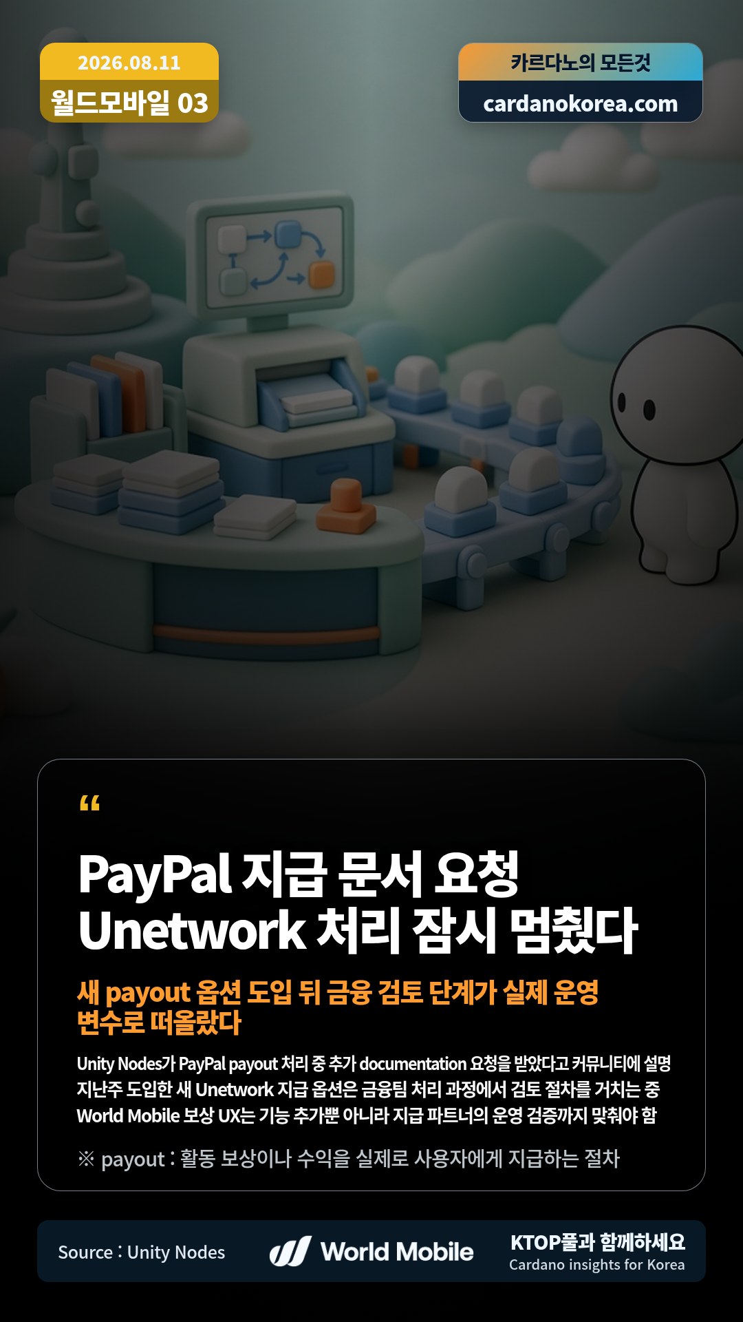 Unity Nodes가 PayPal payout 처리 중 추가 documentation 요청을 받았다고 커뮤니티에 설명 — 지난주 도입한 새 Unetwork 지급 옵션은 금융팀 처리 과정에서 검토 절차를 거치는 중