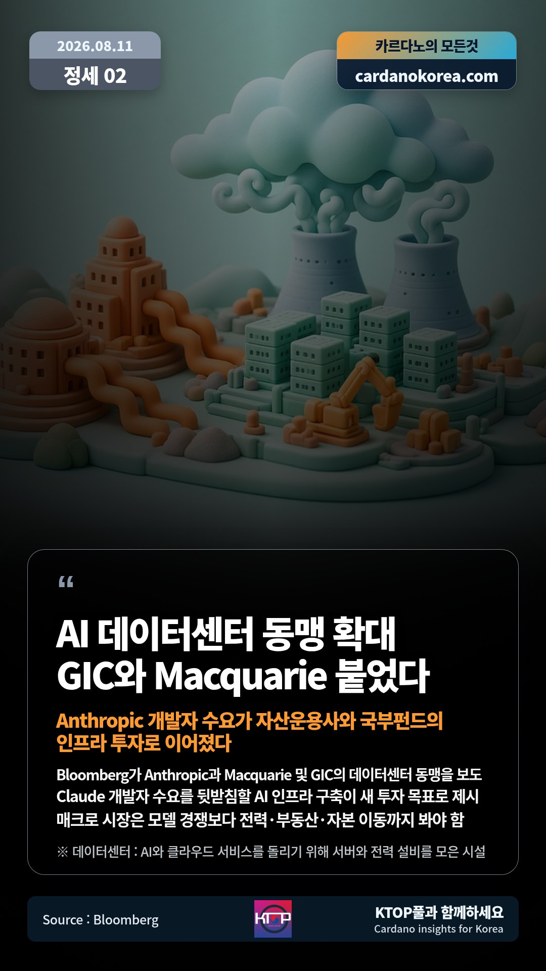 Bloomberg가 Anthropic과 Macquarie 및 GIC의 데이터센터 동맹을 보도 — Claude 개발자 수요를 뒷받침할 AI 인프라 구축이 새 투자 목표로 제시