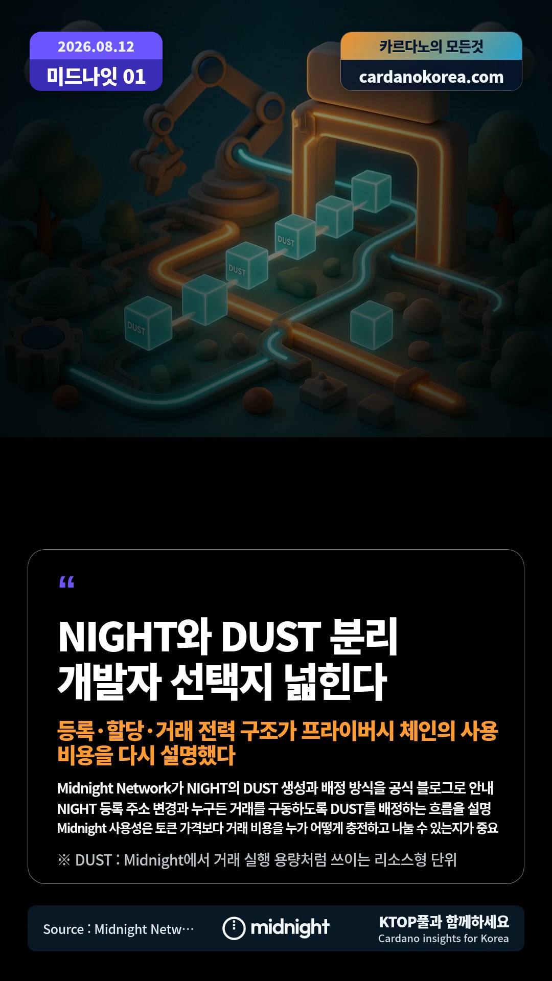 Midnight Network가 NIGHT의 DUST 생성과 배정 방식을 공식 블로그로 안내 — NIGHT 등록 주소 변경과 누구든 거래를 구동하도록 DUST를 배정하는 흐름을 설명