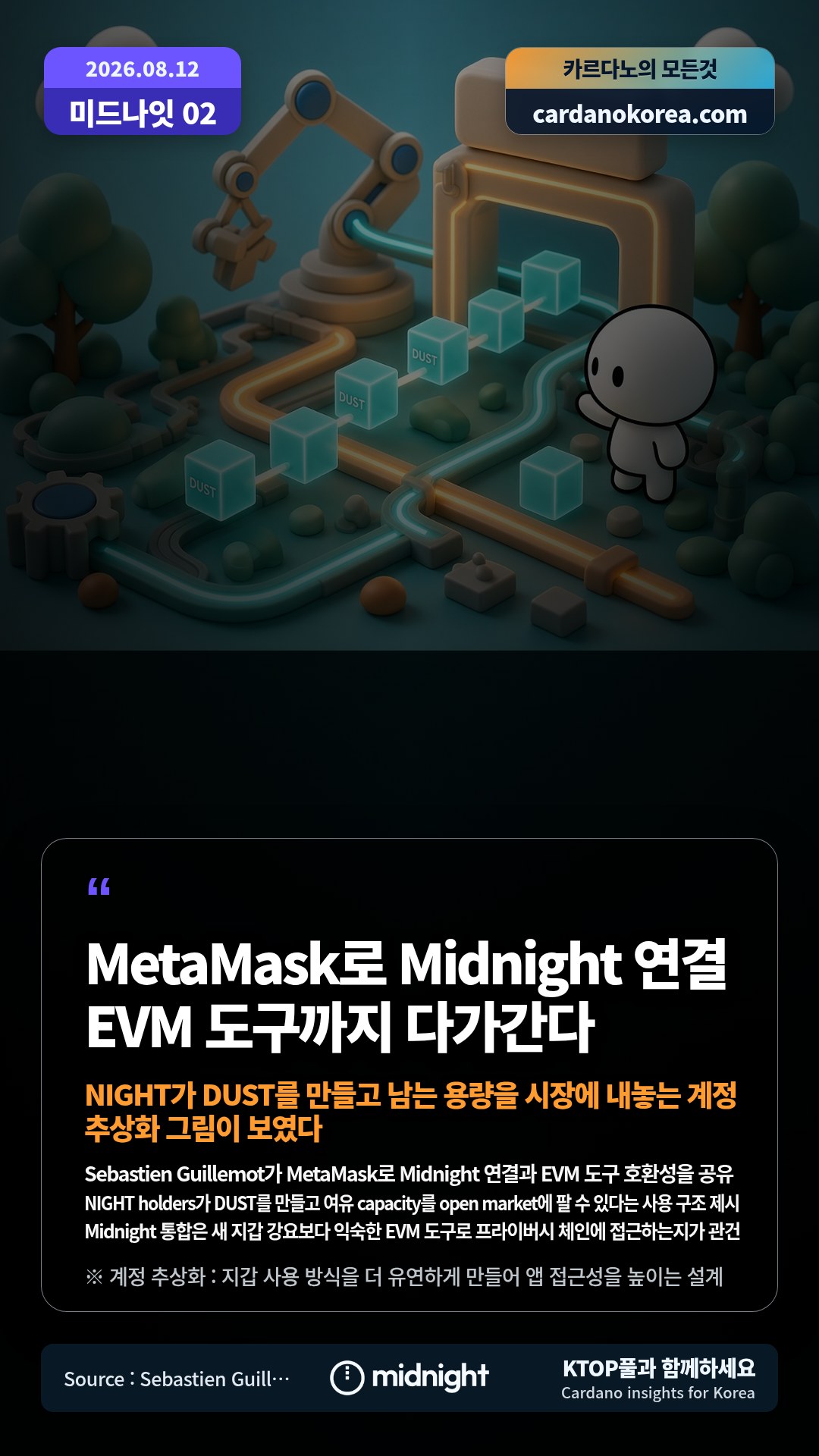 Sebastien Guillemot가 MetaMask로 Midnight 연결과 EVM 도구 호환성을 공유 — NIGHT holders가 DUST를 만들고 여유 capacity를 open market에 팔 수 있다는 사용 구조 제시