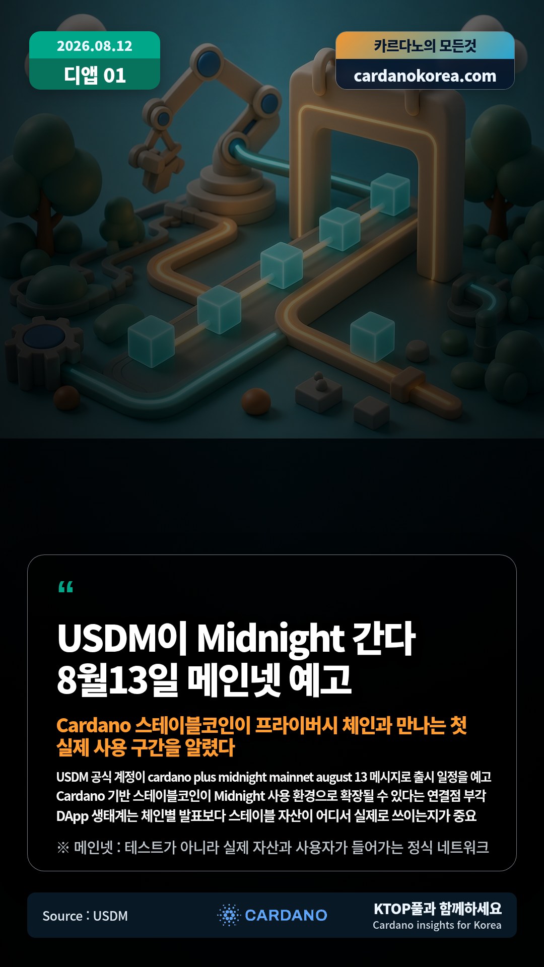USDM 공식 계정이 cardano plus midnight mainnet august 13 메시지로 출시 일정을 예고 — Cardano 기반 스테이블코인이 Midnight 사용 환경으로 확장될 수 있다는 연결점 부각