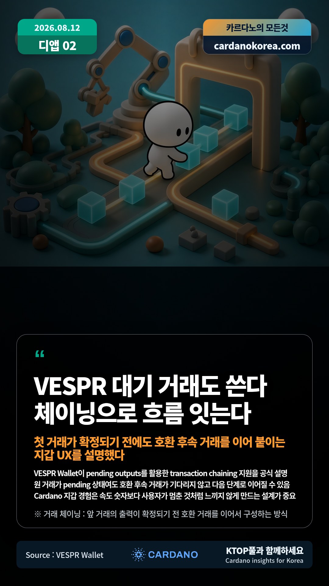VESPR Wallet이 pending outputs를 활용한 transaction chaining 지원을 공식 설명 — 원 거래가 pending 상태여도 호환 후속 거래가 기다리지 않고 다음 단계로 이어질 수 있음