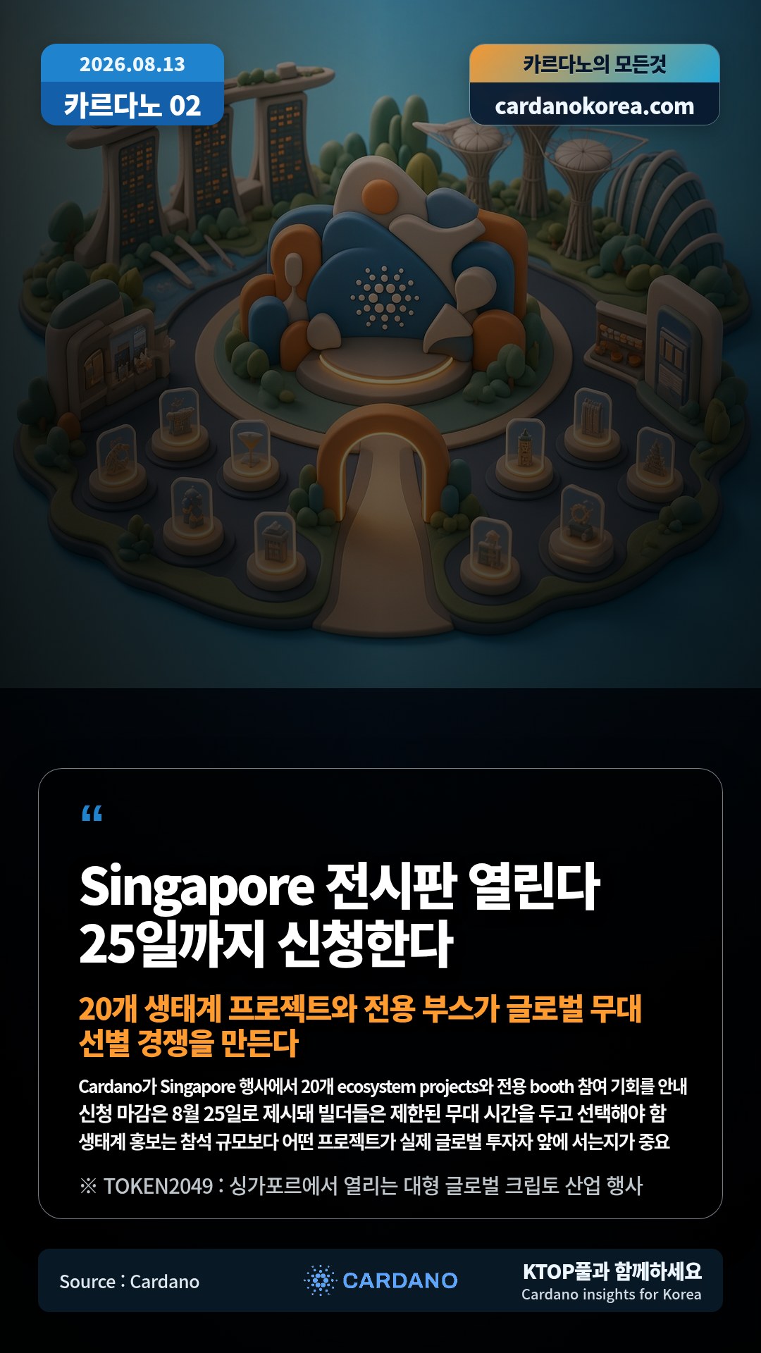 Cardano가 Singapore 행사에서 20개 ecosystem projects와 전용 booth 참여 기회를 안내 — 신청 마감은 8월 25일로 제시돼 빌더들은 제한된 무대 시간을 두고 선택해야 함
