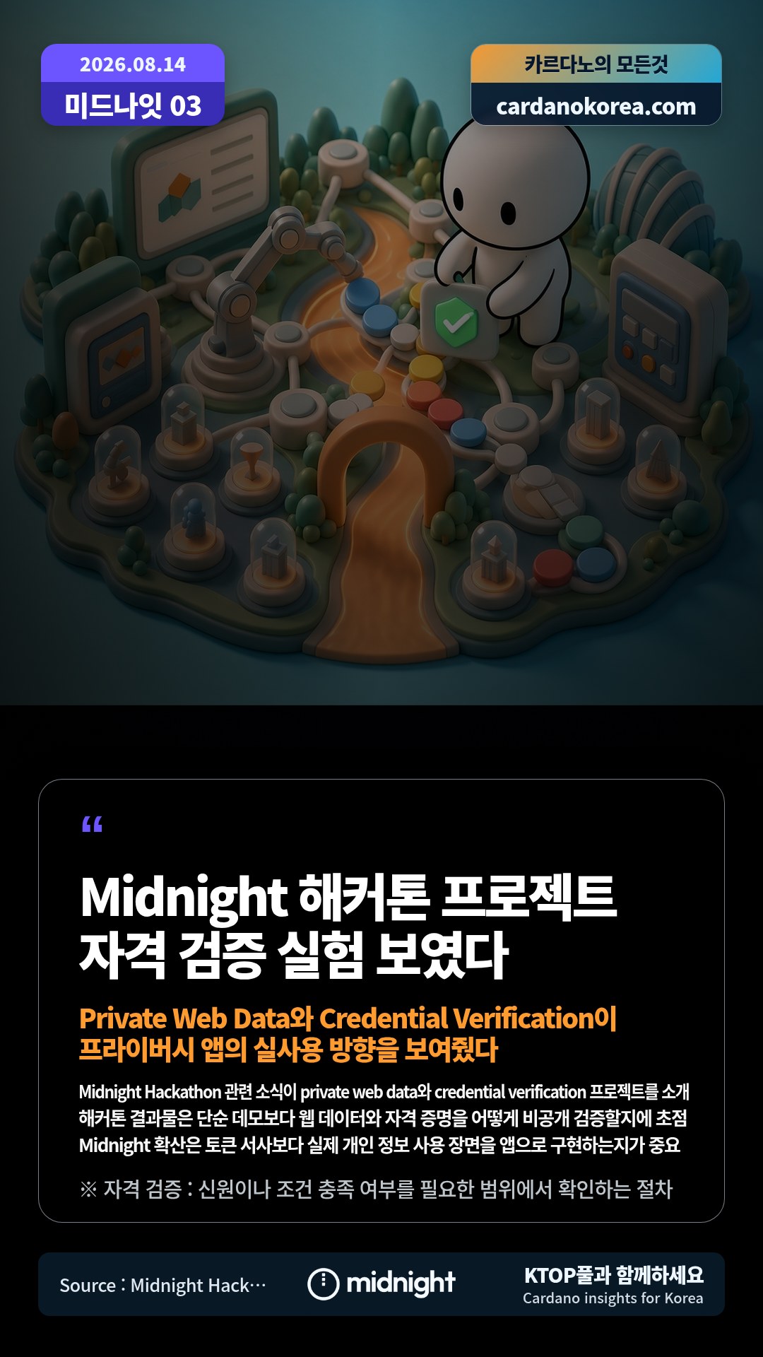 Midnight Hackathon 관련 소식이 private web data와 credential verification 프로젝트를 소개 — 해커톤 결과물은 단순 데모보다 웹 데이터와 자격 증명을 어떻게 비공개 검증할지에 초점