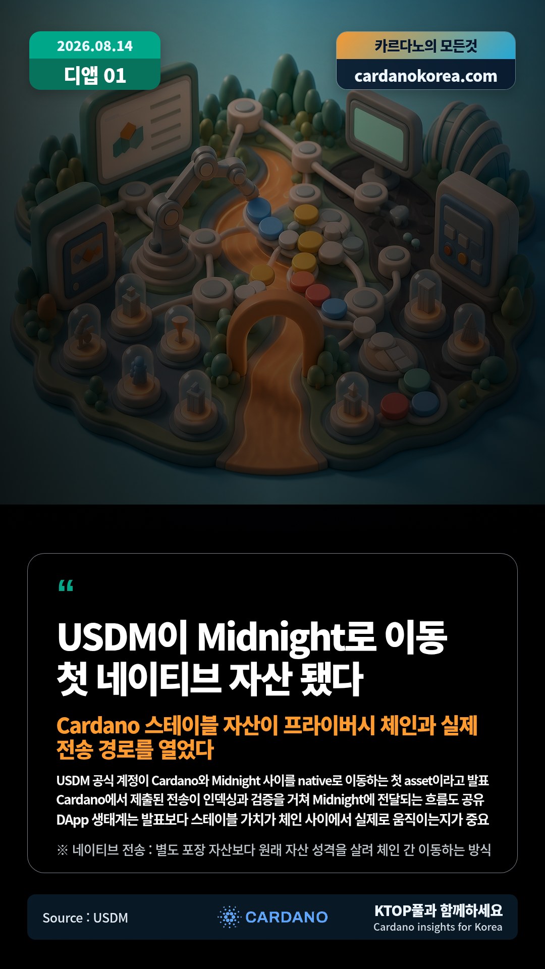 USDM 공식 계정이 Cardano와 Midnight 사이를 native로 이동하는 첫 asset이라고 발표 — Cardano에서 제출된 전송이 인덱싱과 검증을 거쳐 Midnight에 전달되는 흐름도 공유