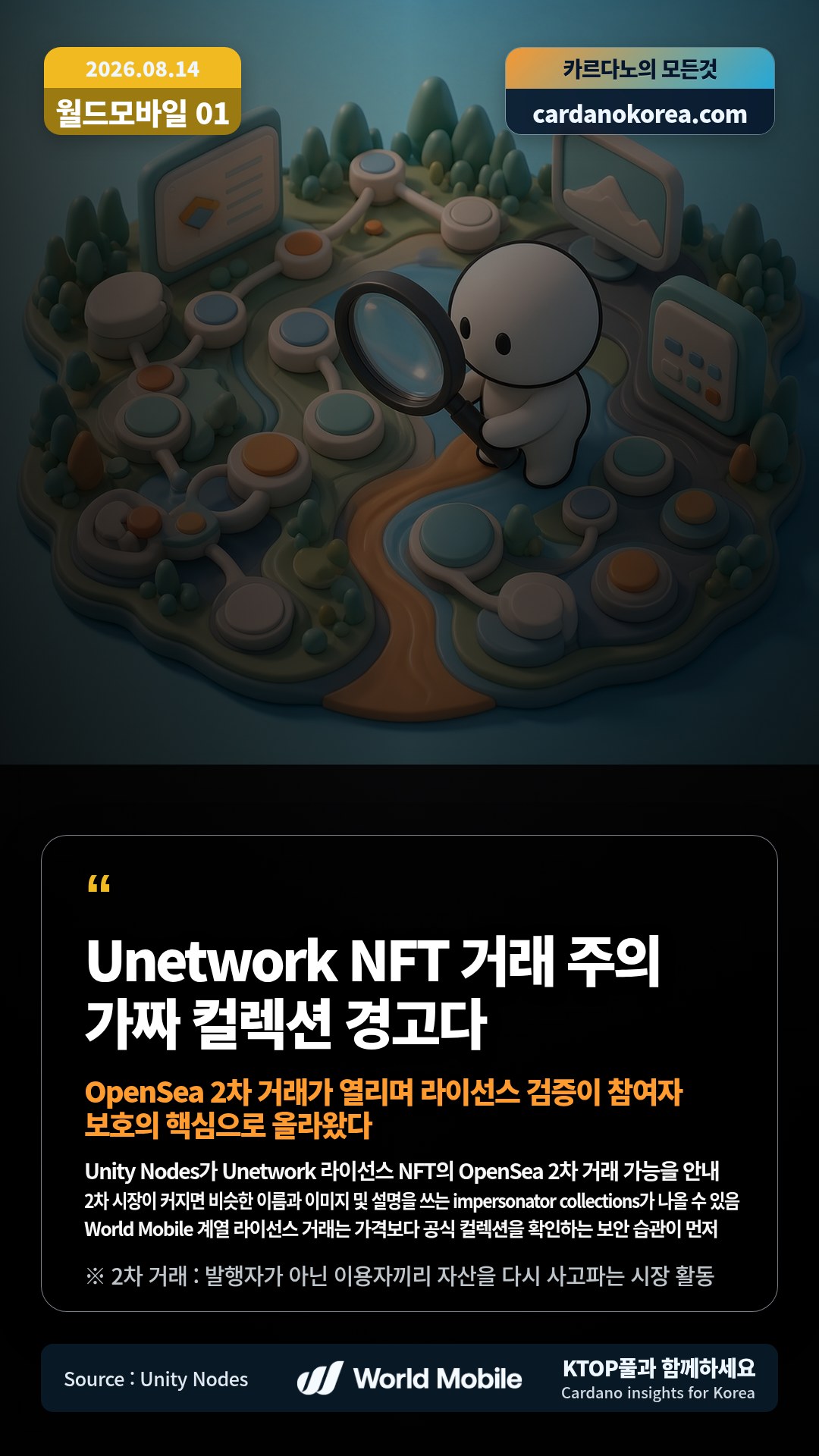 Unity Nodes가 Unetwork 라이선스 NFT의 OpenSea 2차 거래 가능을 안내 — 2차 시장이 커지면 비슷한 이름과 이미지 및 설명을 쓰는 impersonator collections가 나올 수 있음