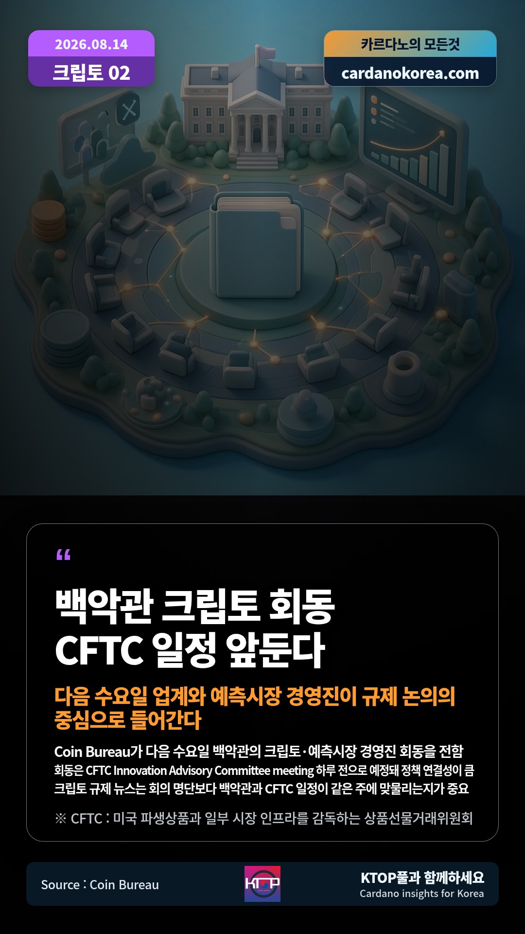Coin Bureau가 다음 수요일 백악관의 크립토·예측시장 경영진 회동을 전함 — 회동은 CFTC Innovation Advisory Committee meeting 하루 전으로 예정돼 정책 연결성이 큼