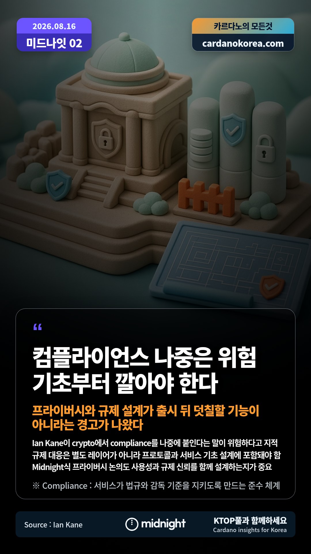 Ian Kane이 crypto에서 compliance를 나중에 붙인다는 말이 위험하다고 지적 — 규제 대응은 별도 레이어가 아니라 프로토콜과 서비스 기초 설계에 포함돼야 함